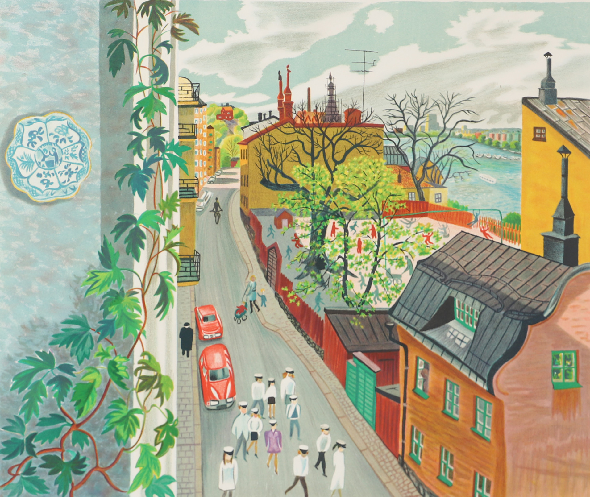 MONA HUSS WALIN. Stadsbild, färglitografi, signerad 1989.