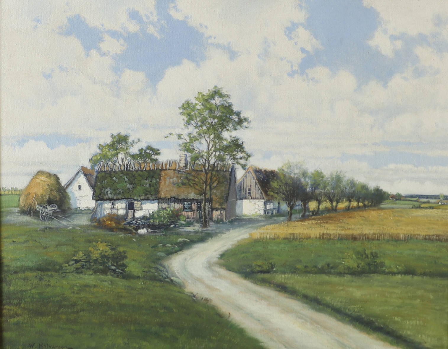 OIDENTIFIERAD KONSTNÄR. Landskap med gård, olja på duk, signerad W. Halvarsson.