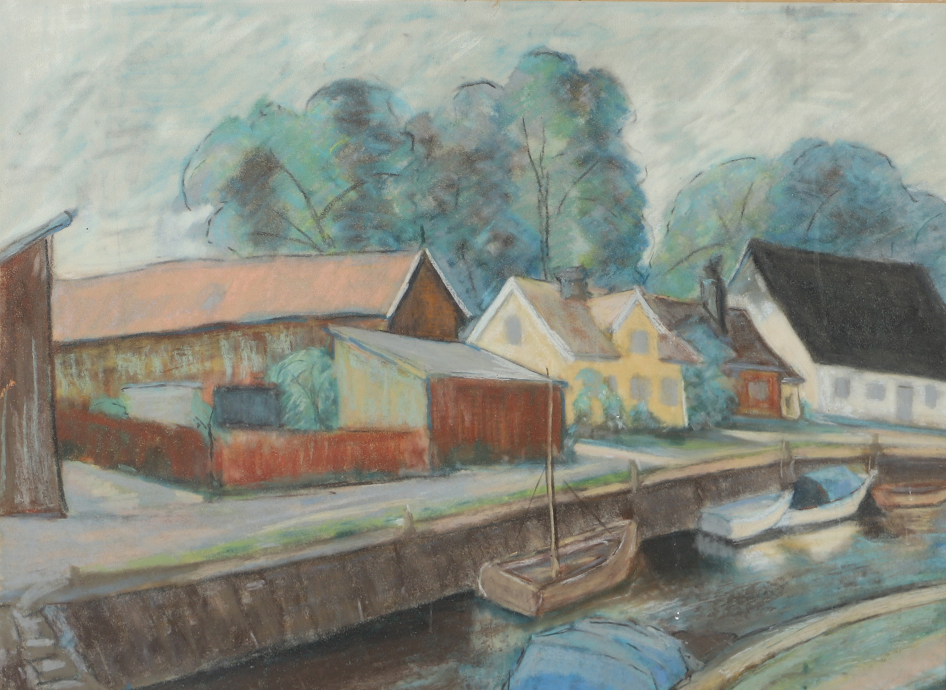 OIDENTIFIERAD KONSTNÄR. Motiv från Trosa, blandteknik, otydligt signerad.