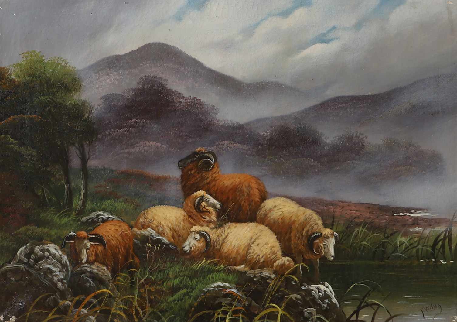 OIDENTIFIERAD KONSTNÄR. Landskap med får, olja på duk, signerad T. Wilson, 1800-tal.