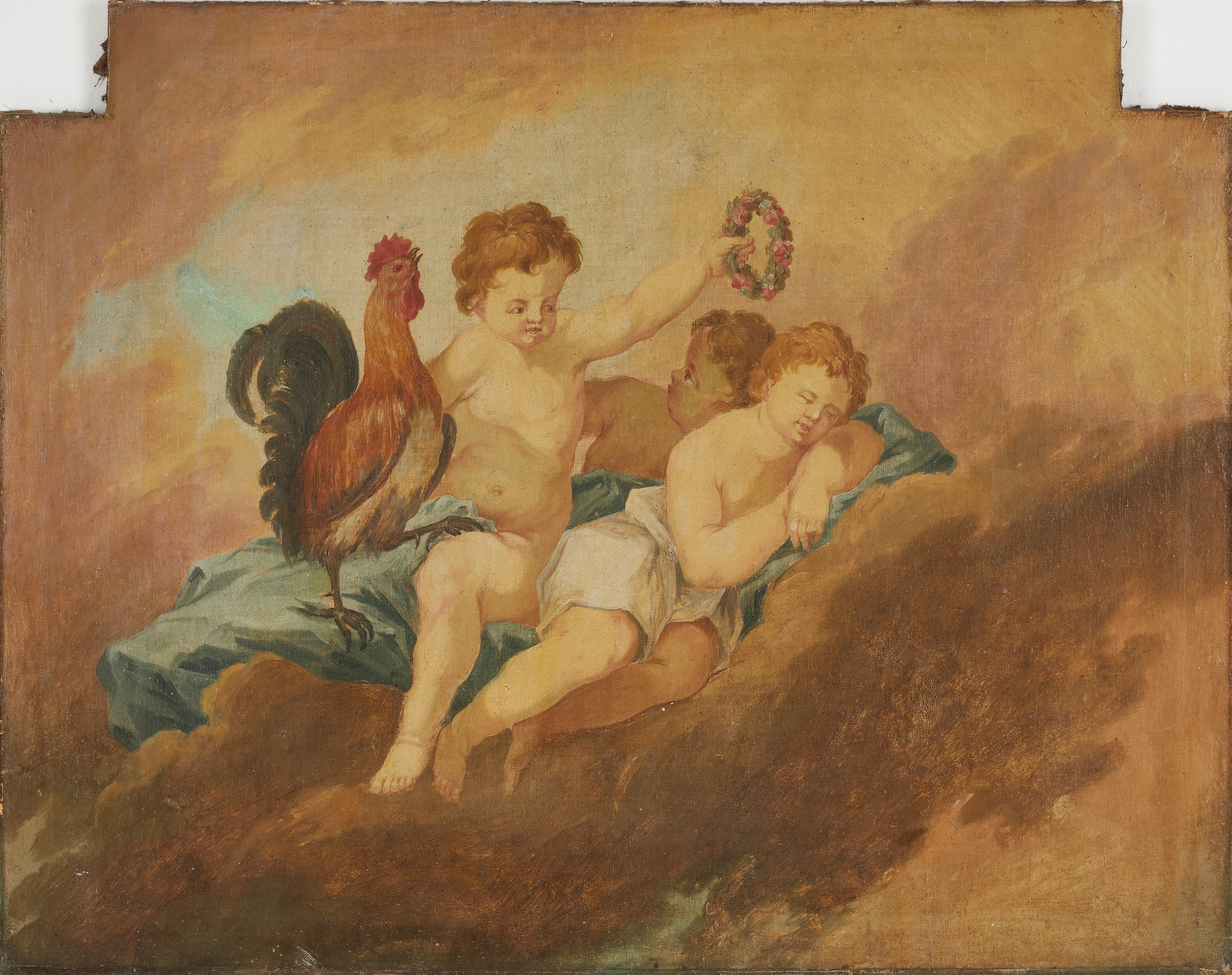 OKÄND KONSTNÄR. puttos med tupp, olja på duk, 18/1900-tal, osignerad.