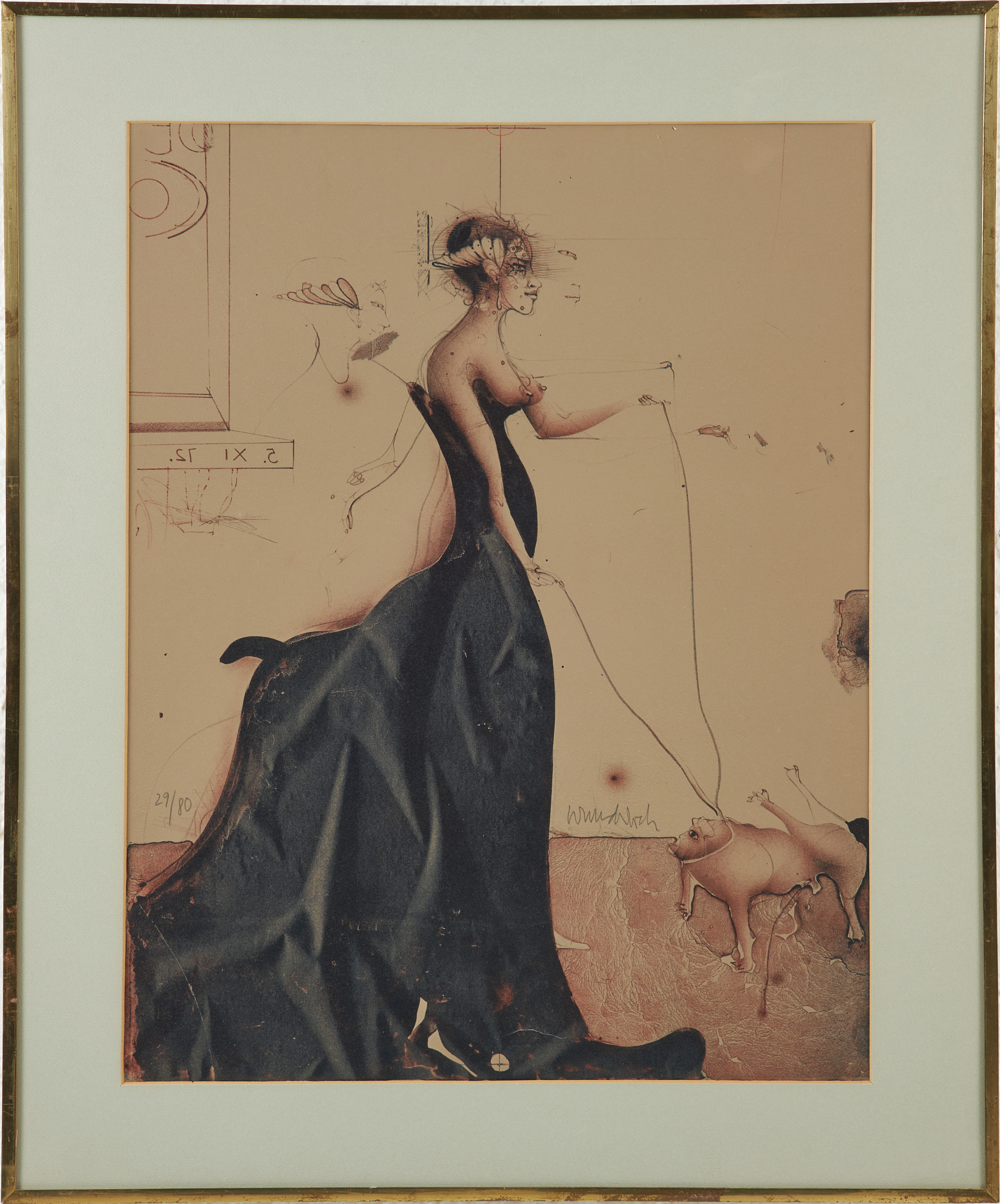 PAUL  WUNDERLICH. "Herrin und Hund", färglitografi, signerad och numrerad 29/80.