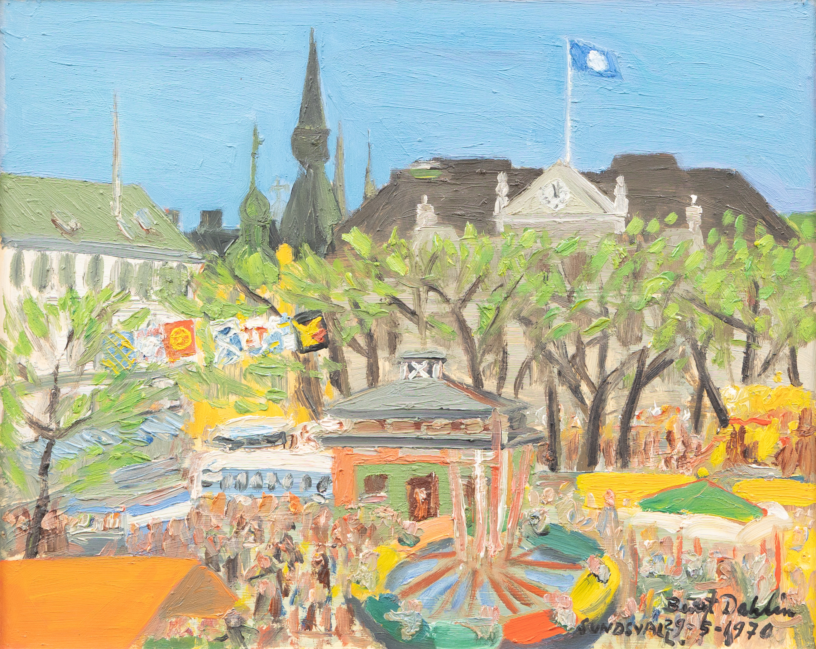 BENGT DAHLIN (1914-1989). "Fest på torget, Sundsvall", olja på pannå, signerad och daterad 1970.