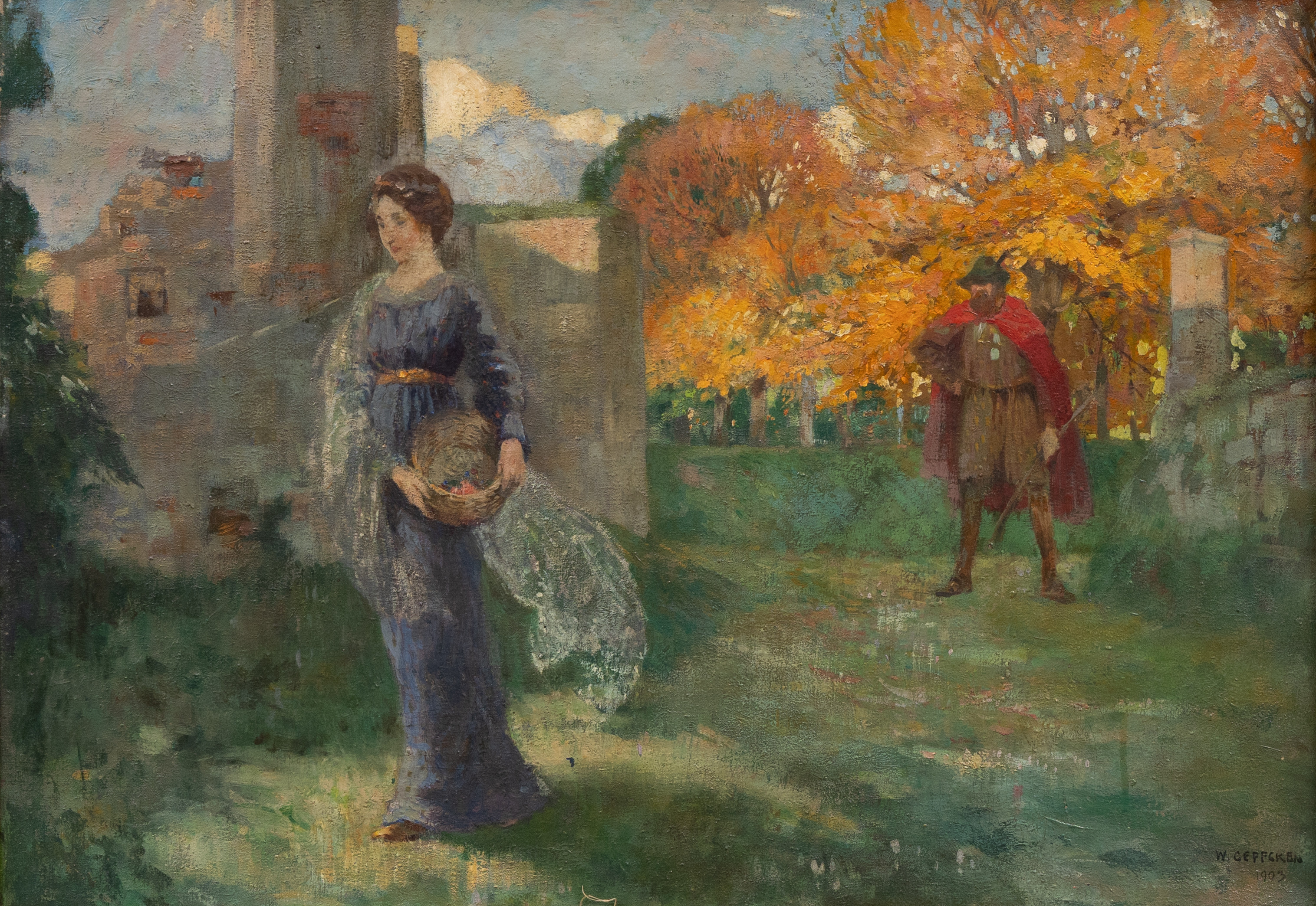 WALTER GEFFCKEN (TYSKLAND 1872-1950). Man och kvinna vid utgång från kyrkogård, olja på duk, signerad och daterad 1903.