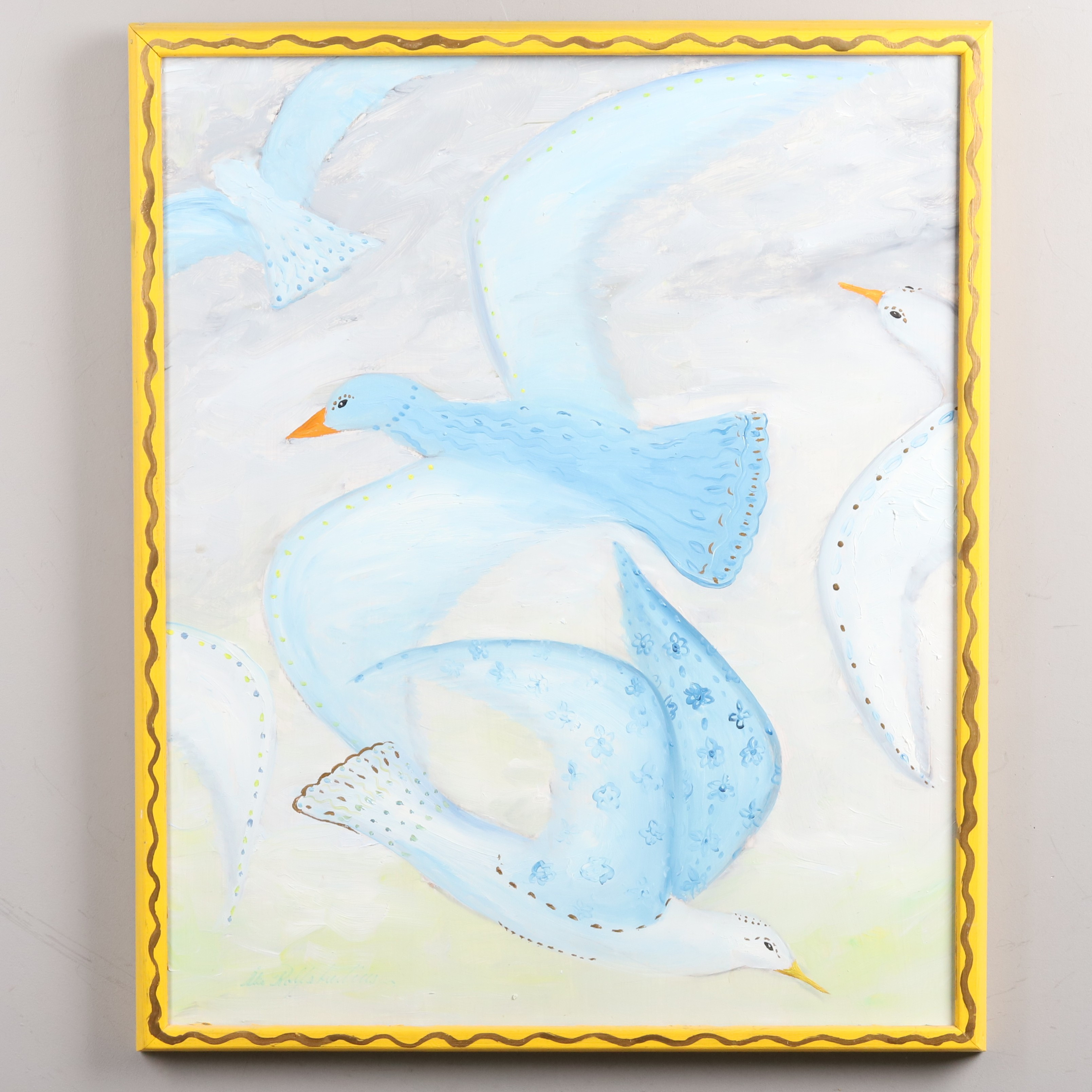 ÅKE ROLFSTADIUS (1918-1992). Blandteknik på pannå, "Blå Måsar", signerad.