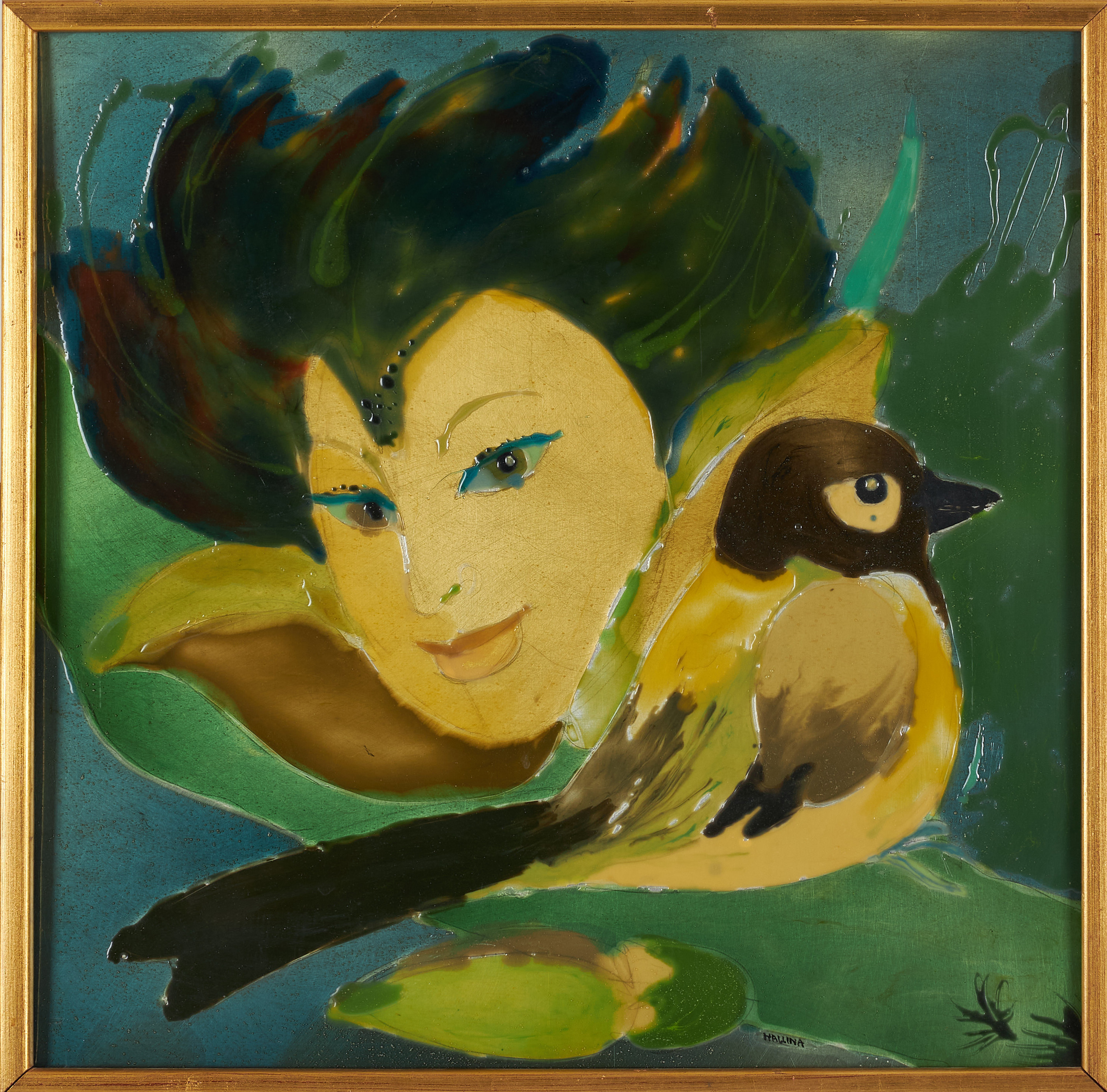 WALLINA WALLIN. "Vårfågel", kallemalj på aluminium, signerad Wallina.