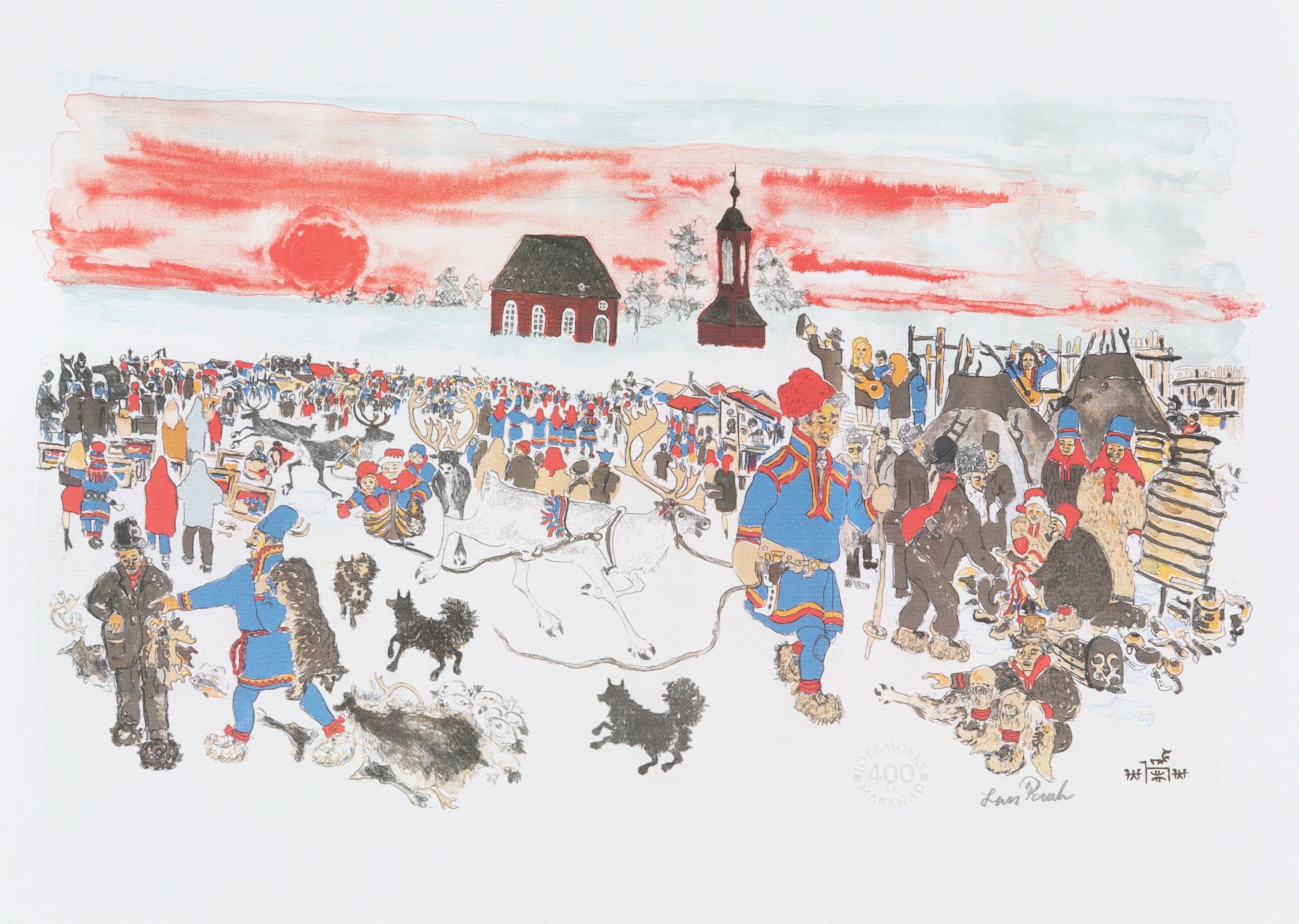 LARS PIRAK. "Jokkmokks marknad 400 år", tryck med stämpel samt signerad i blyerts.