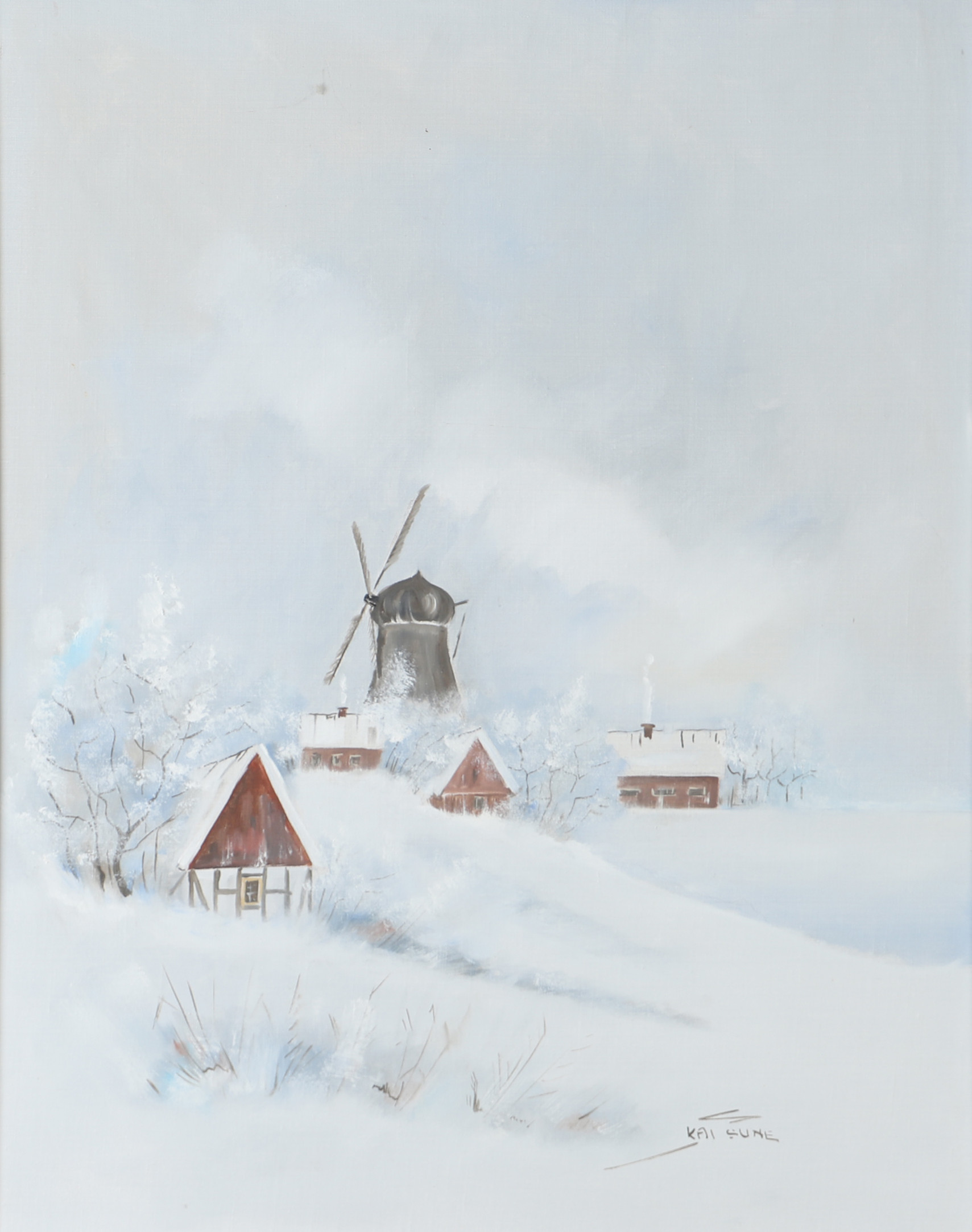 KAI SUNE. Vinterlandskap med mölla, olja på duk, signerad.