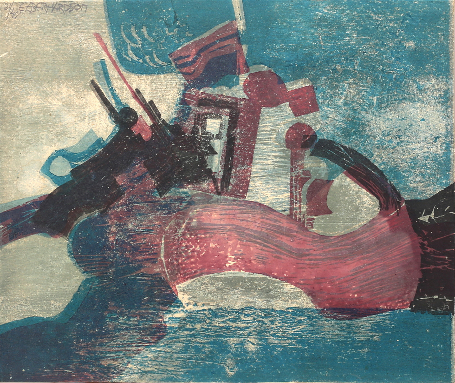 EBBE EBERHARDSON. "Fiskebåten". Färglitografi, signerad och numrerad 21/40.