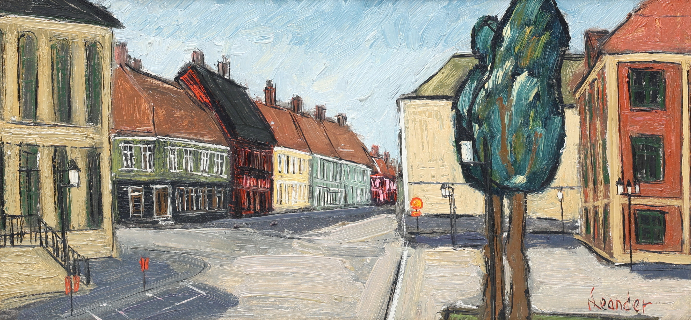 OIDENTIFIERAD KONSTNÄR. Olja på pannå, målning av Hovrättstorget Jönköping, signerad Leander.