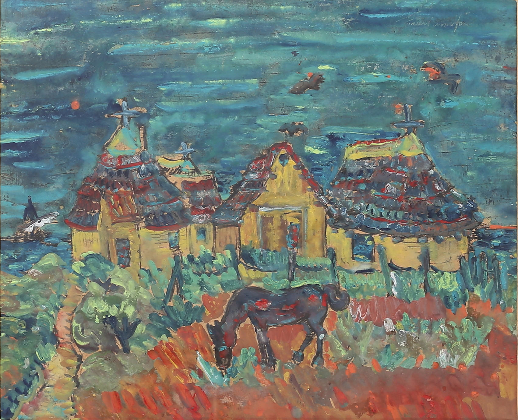 EVERT LINDFORS. Lantlig idyll. Gouache, signerad.