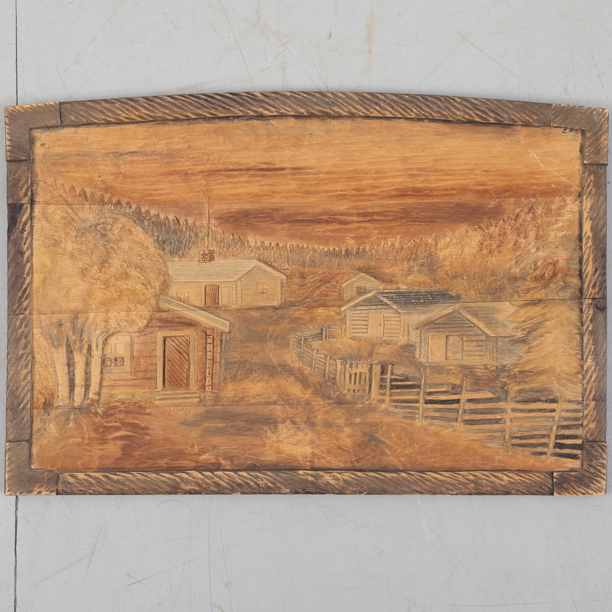 LARS SKOGLUND. Trärelief, "Bläst Lars", "Afton på fäbodvallen 1946", signerad LS.