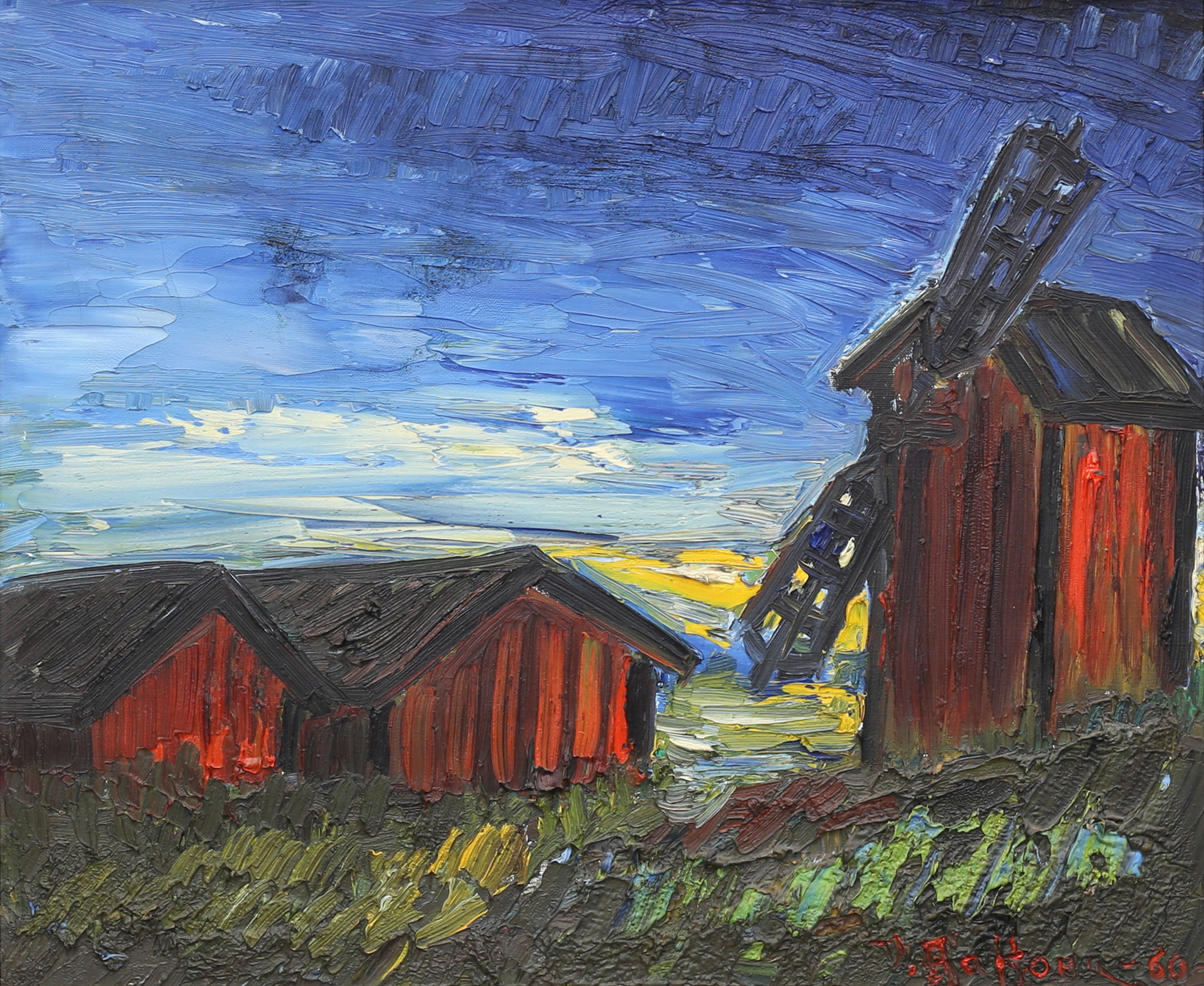 VEIKKO AALTONA. Landskap med väderkvarn. Olja på duk, signerad och daterad -60.