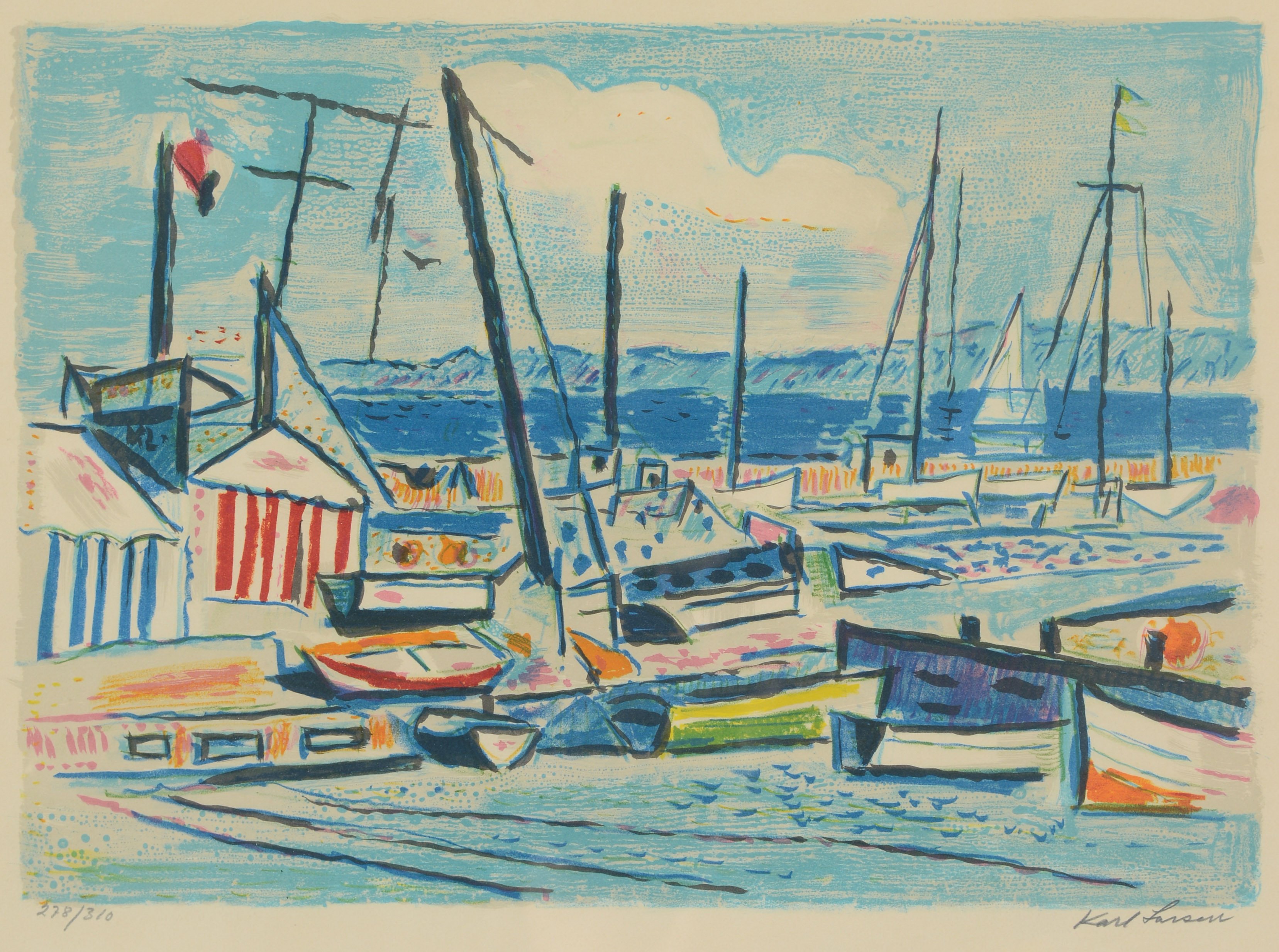 KARL LARSEN. "Vedbäcks hamn", färglitografi, signerad samt numrerad 278/310.