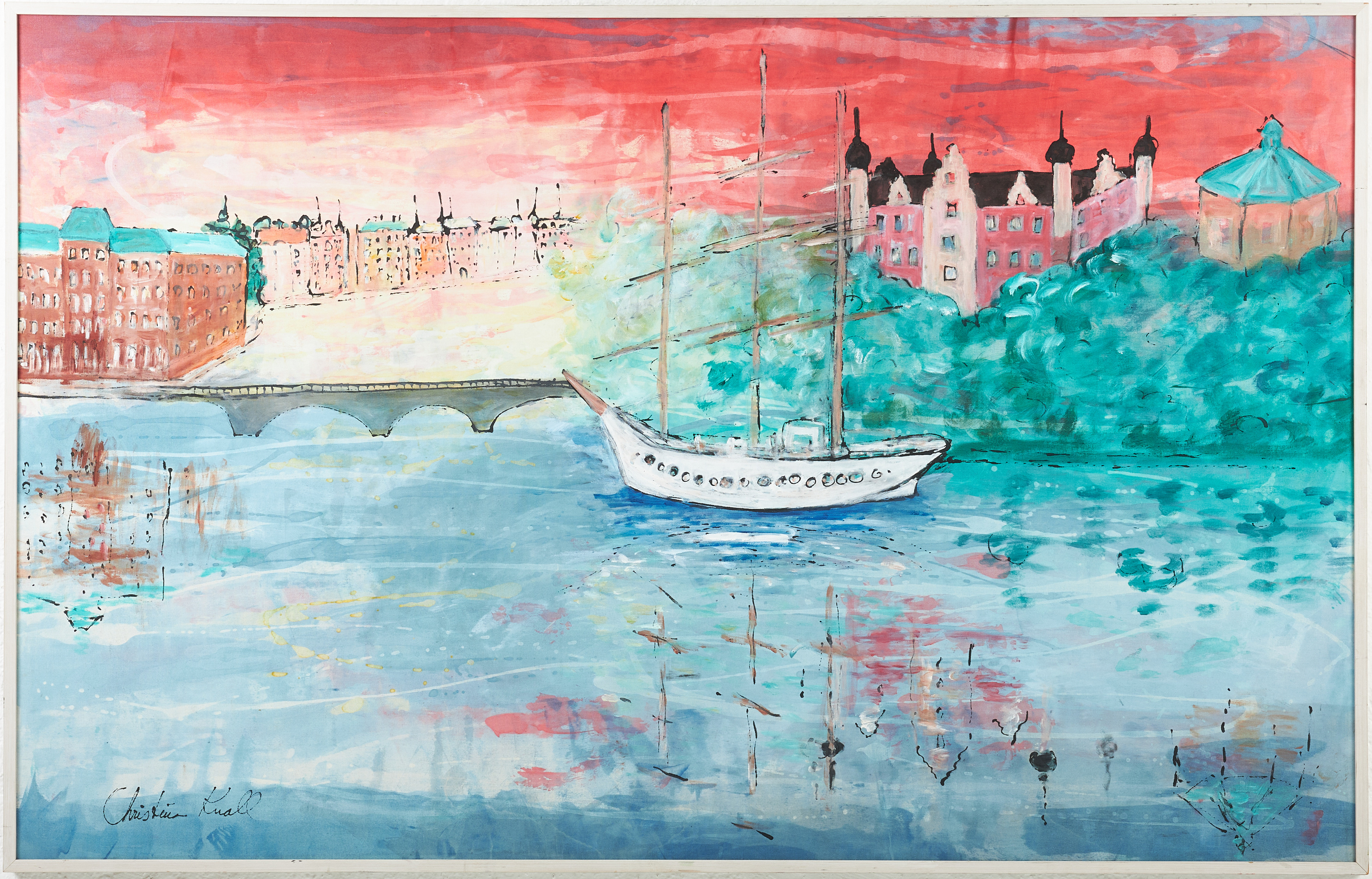 CHRISTINA KNALL. Stockholmsmotiv med båten af Chapman, signerad.