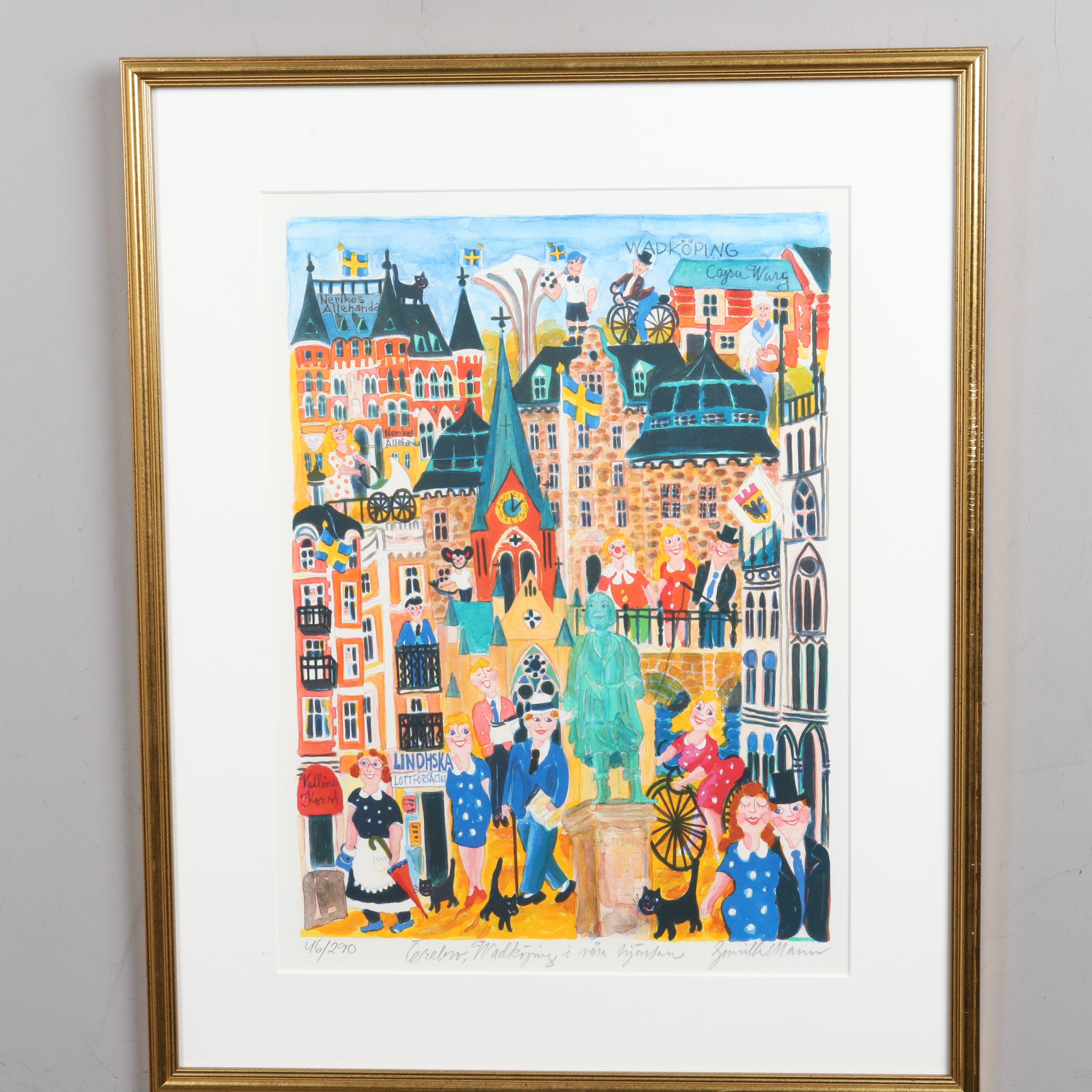 GUNILLA MANN. FÄRGLITOGRAFI. " Wadköping i våra hjärtan, signerad, 46/290.