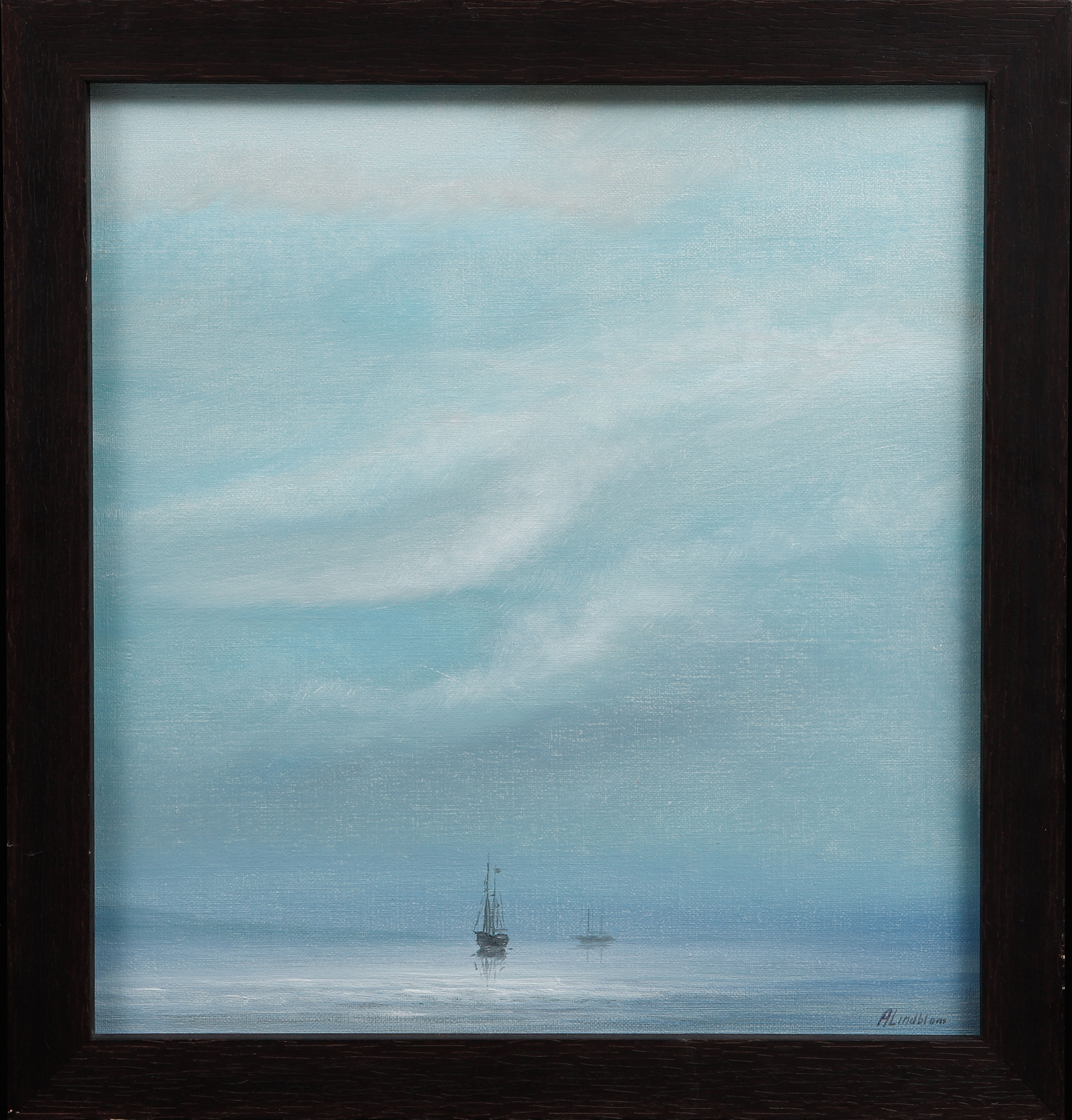 ARNOLD LINDBLOM. "Båtar i dis", olja på duk, signerad.