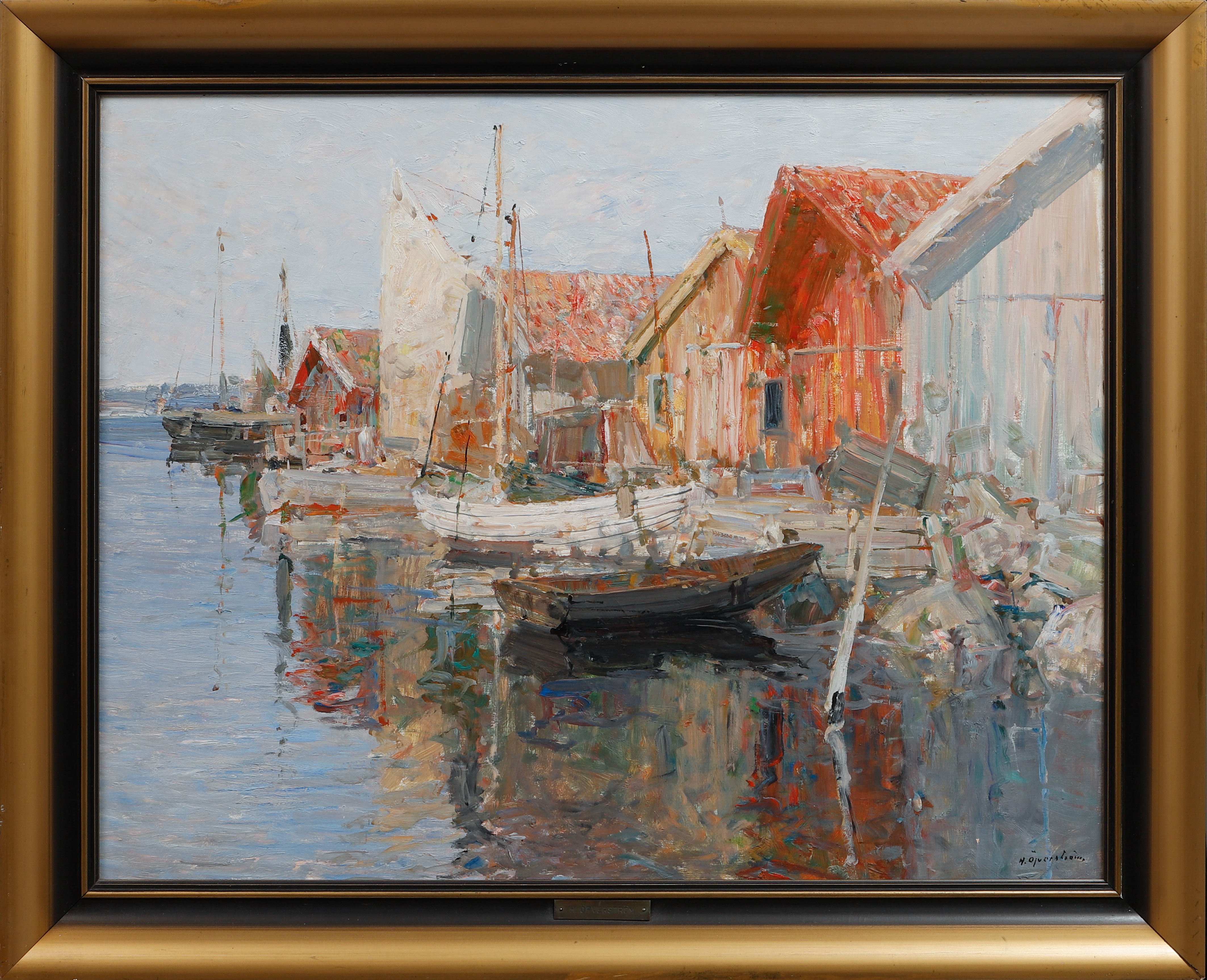 HUGO ÖFVERSTRÖM. Fiskeläge, olja på pannå, signerad.