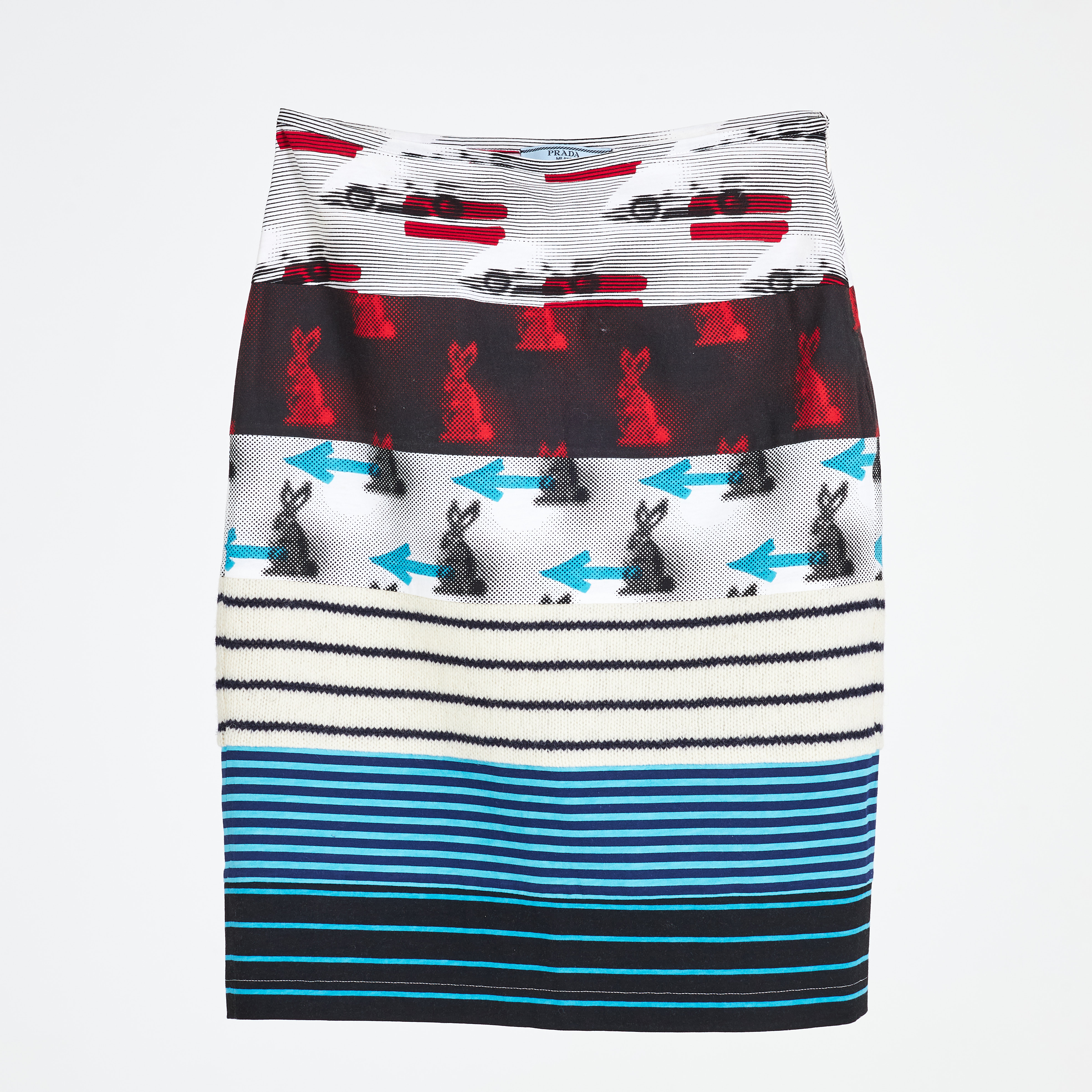 PRADA, Kjol, strl. 40, olikmönstrad bland annat med kaniner, bomull, elestan, ylle, etikettmärkt.