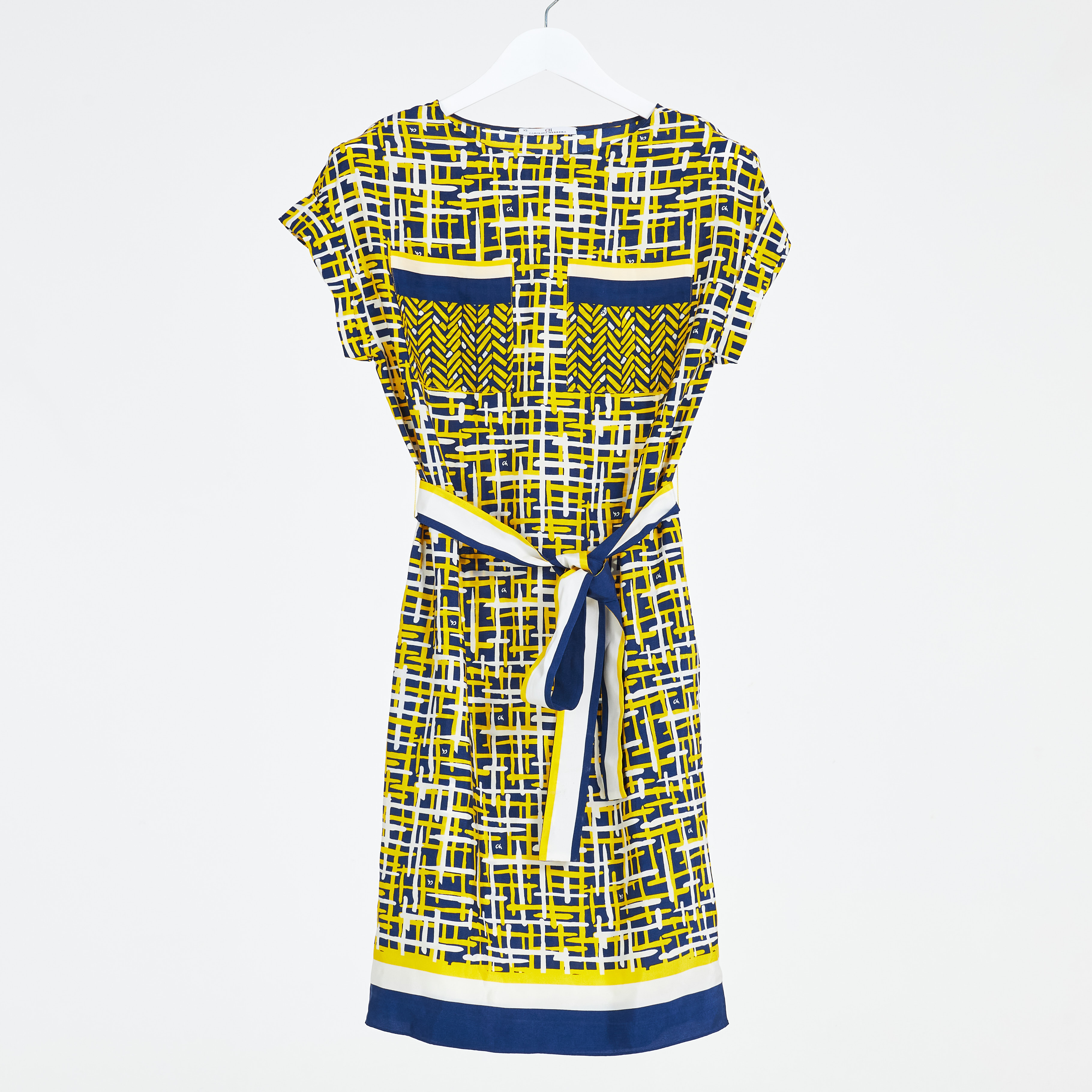 CAROLINA HERRERA, klänning, storlek XS, 100% silke, blå gul och vtt.