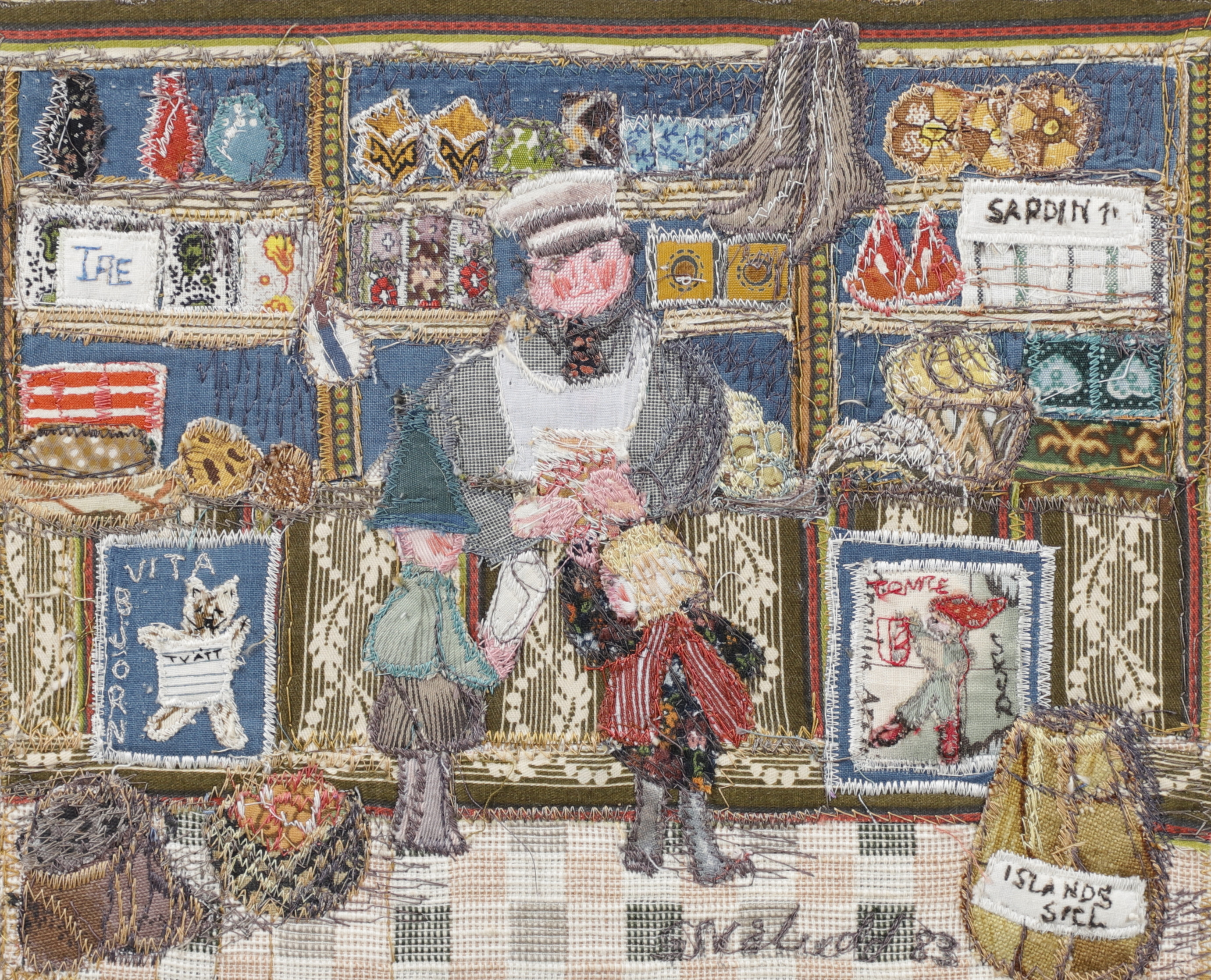 GUNILLA STÅLUDD. "Han som stod i boden", textilkonstverk, signerad och daterad 83.