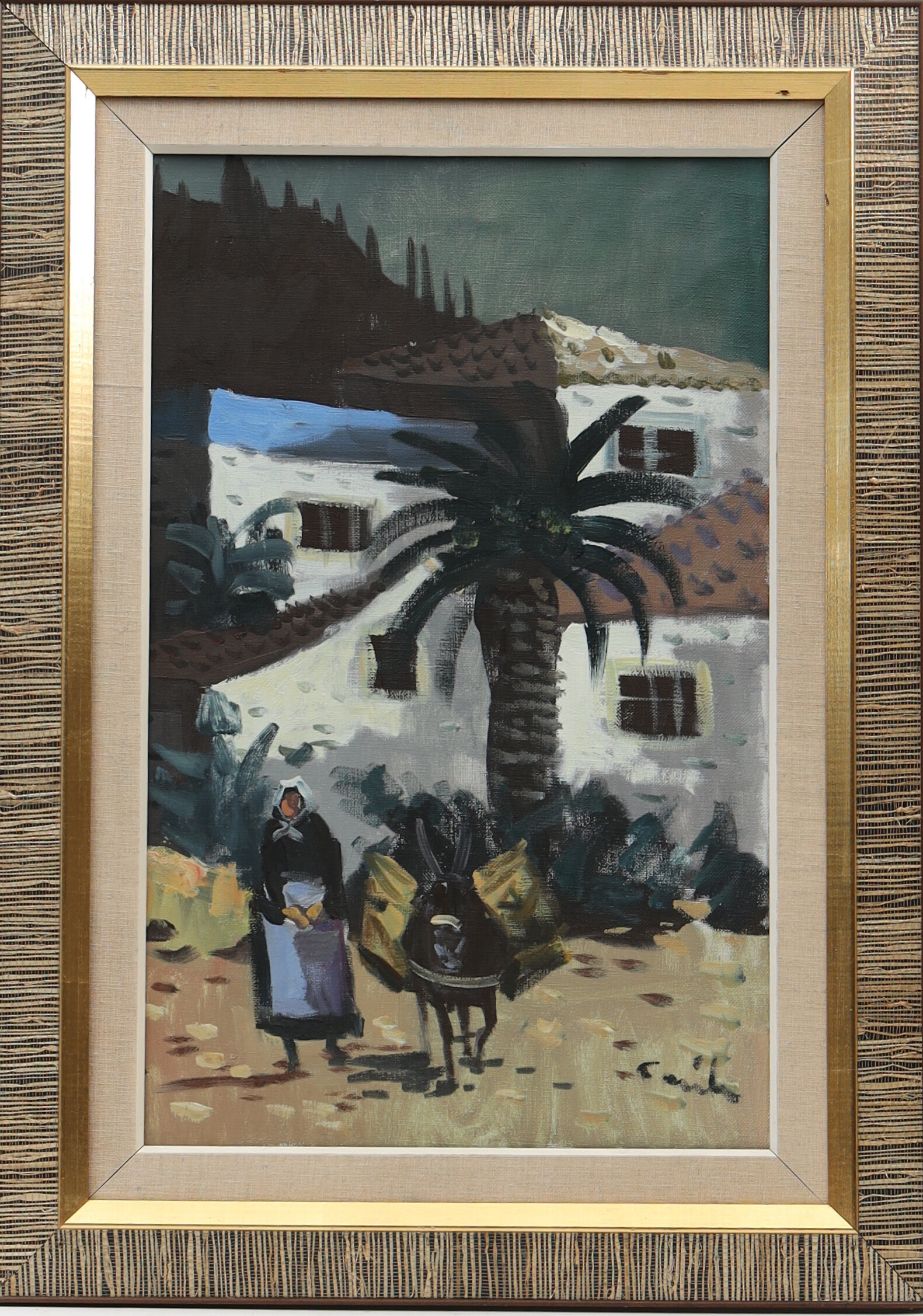 OIDENTIFIERAD KONSTNÄR. Landskap med figur och åsna, oljemålning på duk, otydligt signerad.