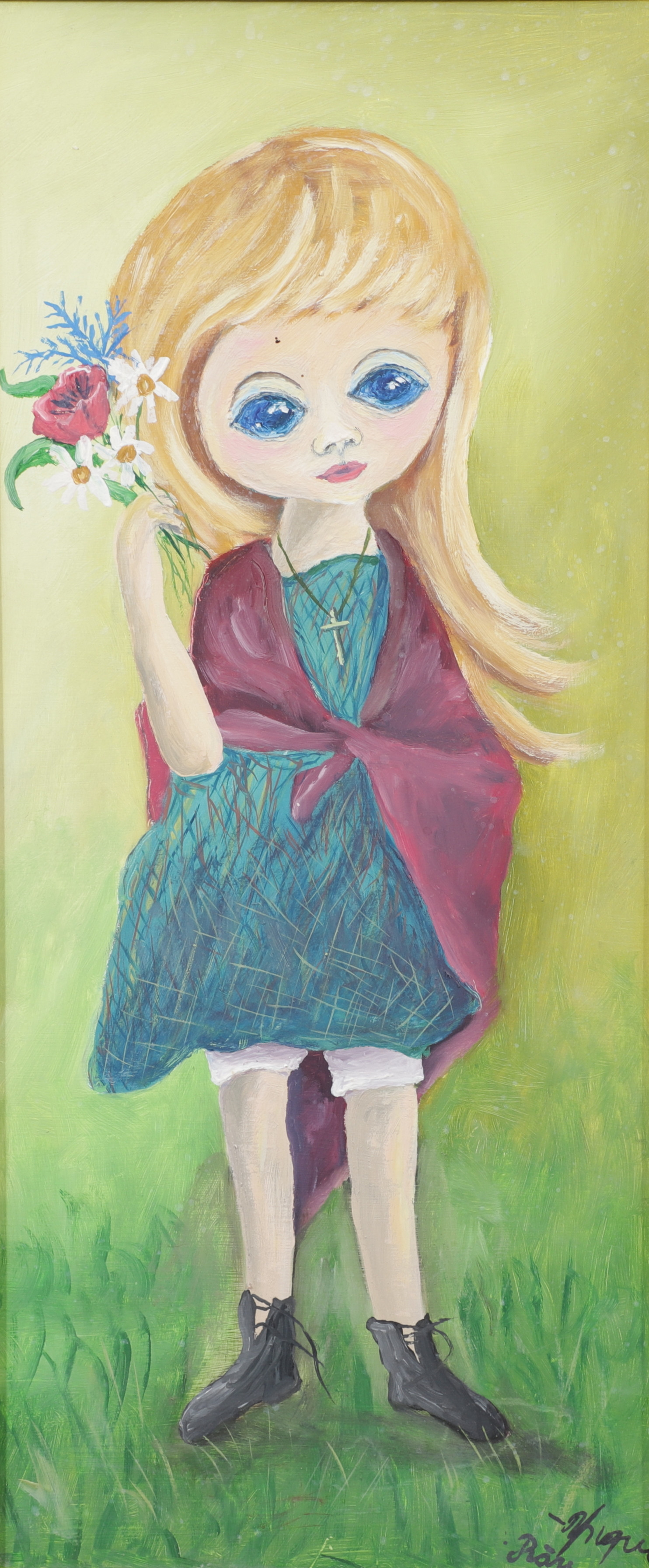 YNGVE JOHANSSON. Flicka med blommor, olja på pannå, signerad.