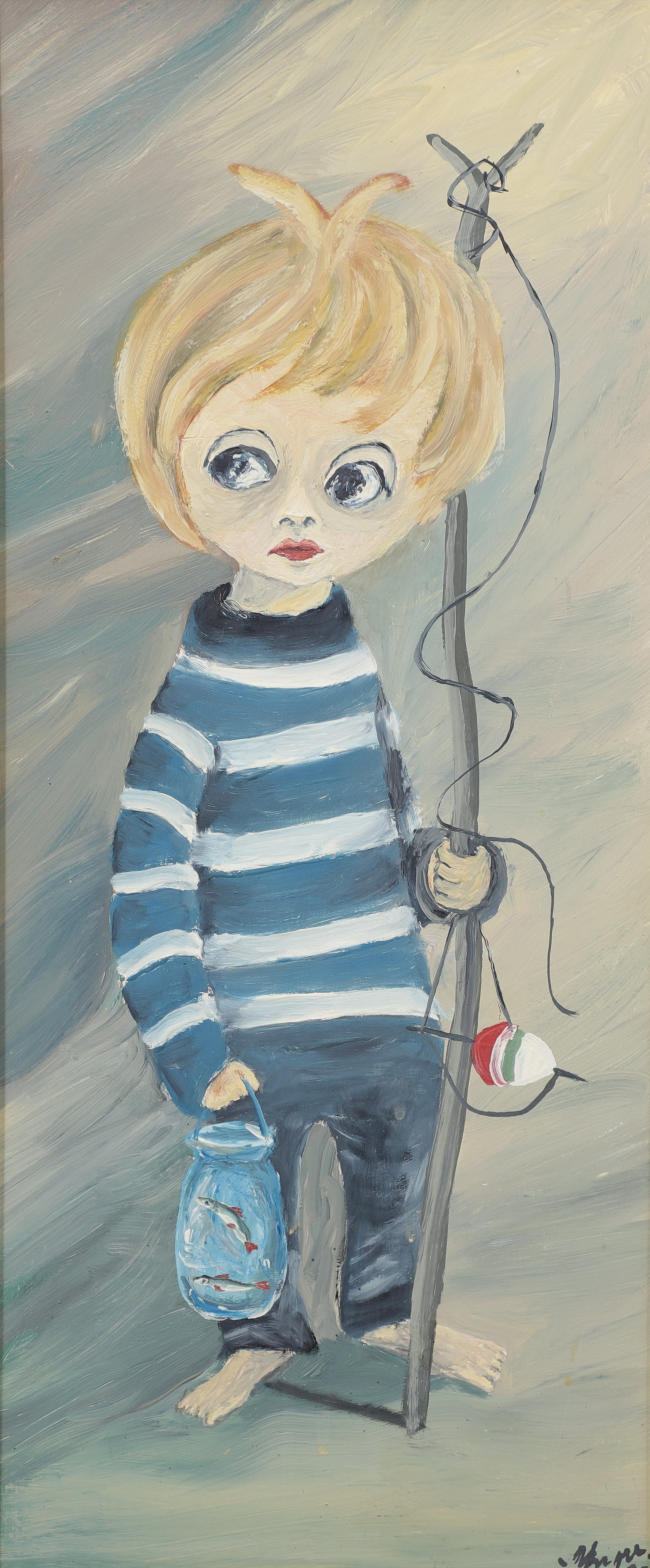 YNGVE JOHANSSON. Pojke med metspö. olja på pannå, signerad.