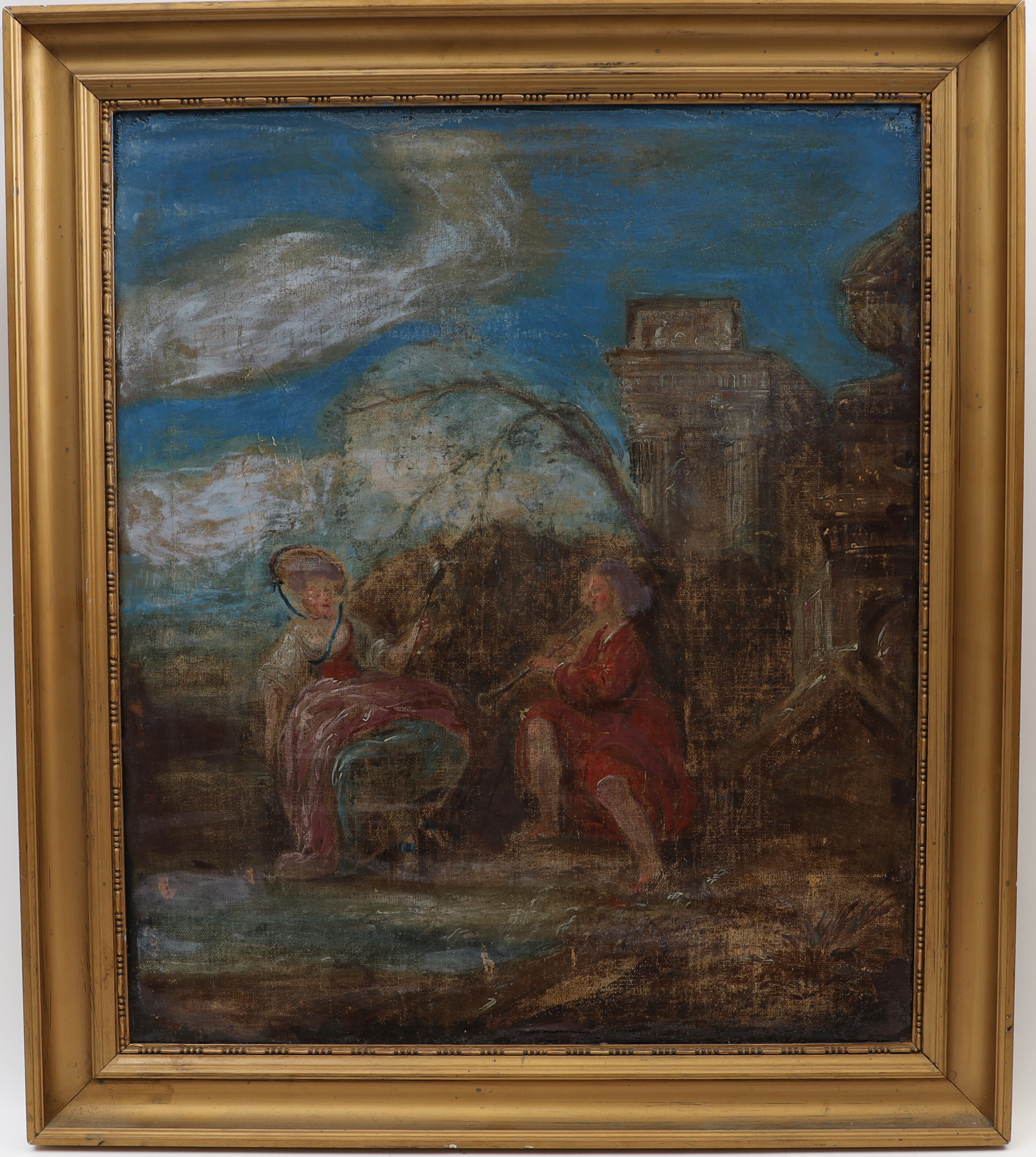 OKÄND KONSTNÄR. musicerande par, 1700/1800-tal, oljemålning på duk.