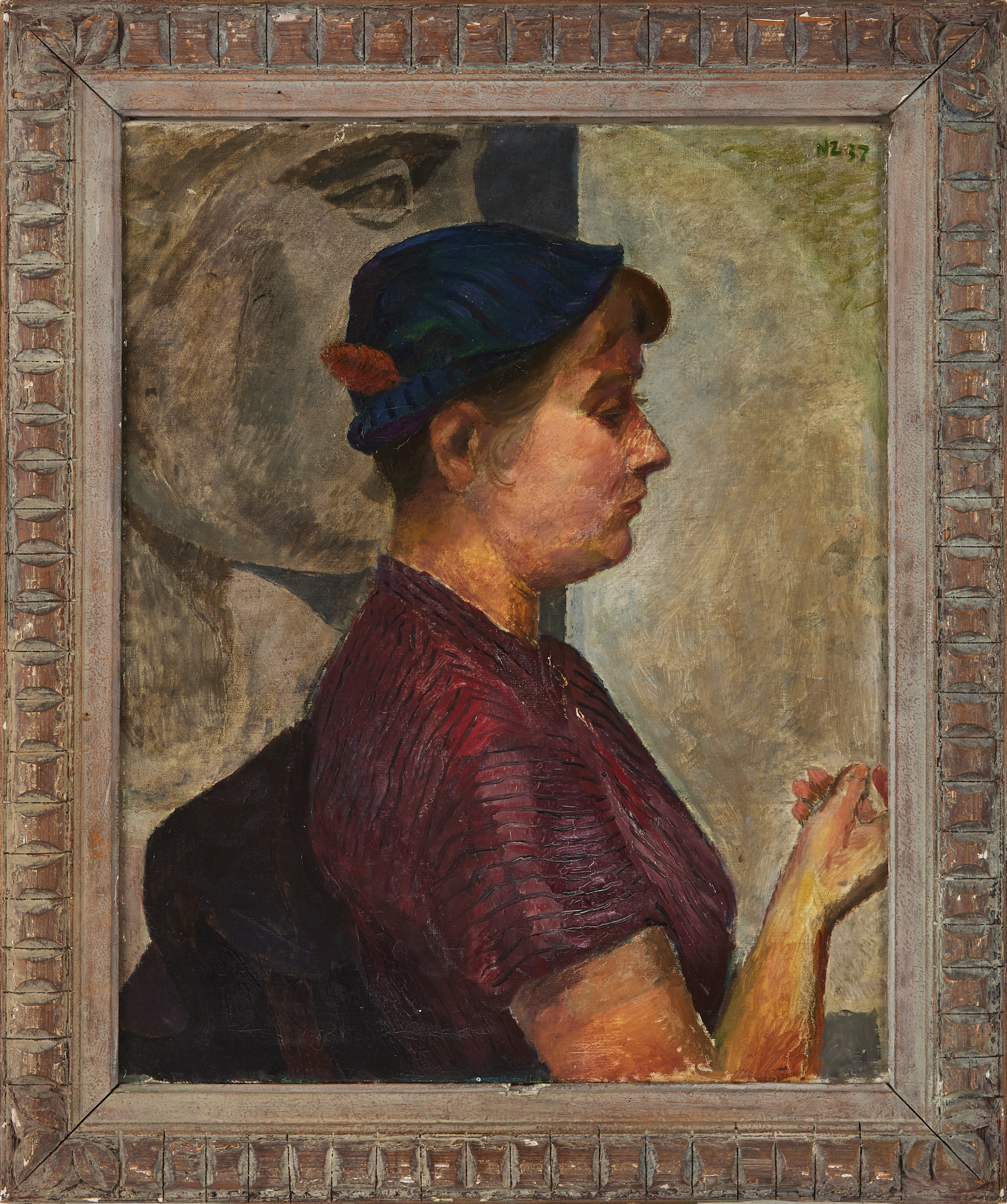 NILS ZETTERBERG. porträtt av konstnär Eva Lindqvist-Zetterberg (1911-1999), olja på duk, monogramsignerad NZ, daterad - 37.