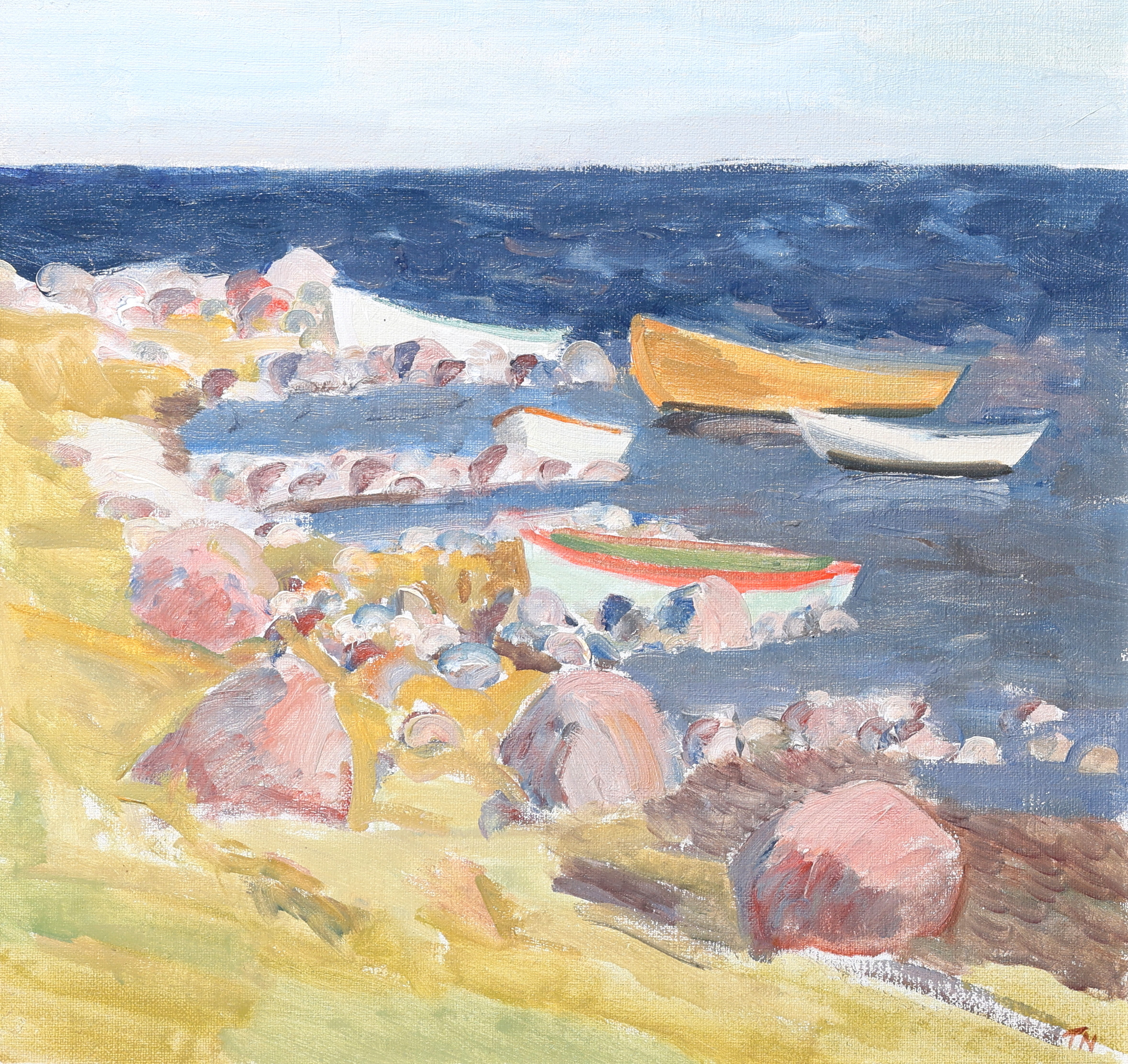 TAGE E NILSSON. Olja på pannå, "Båtar vid Ölands strand", signerad daterad -83.