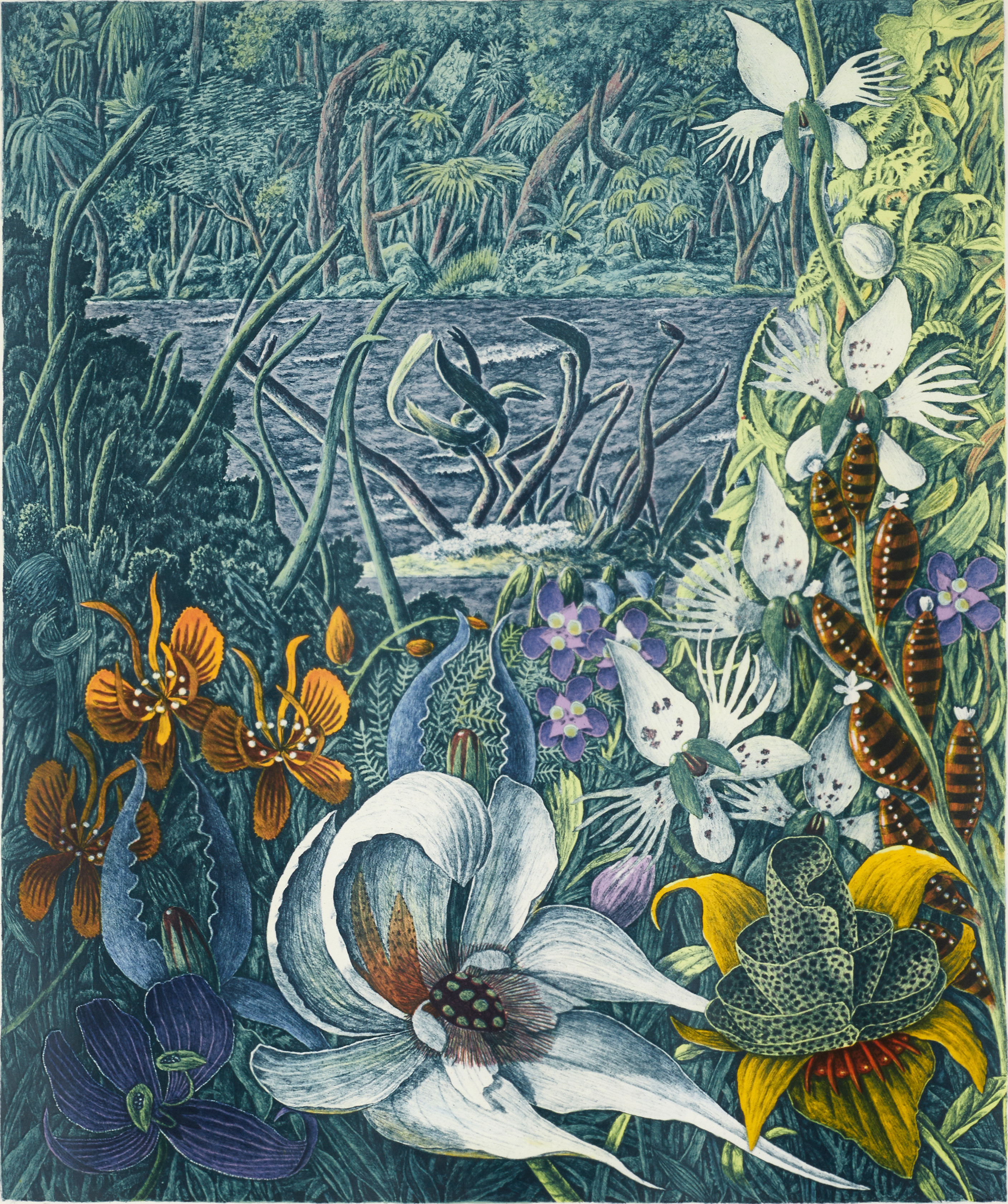 KARL AXEL PEHRSON (1921-2005). Fantasilandskap, signerad och daterad -86. provtryck, färglitografi.