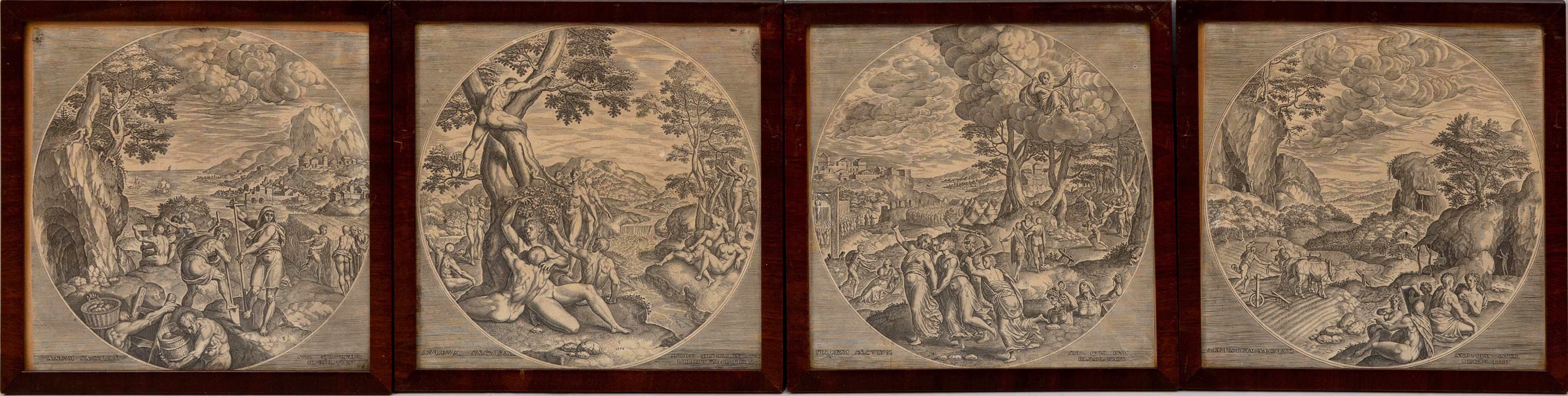 PHILIP GALLE. EFTER. GRAVYRER, 4 st, "Argenteum Saeculum", "Aureum Saeculum", "Ferreum Saeculum" samt "Aeneum Saeculum", 1700-tal.