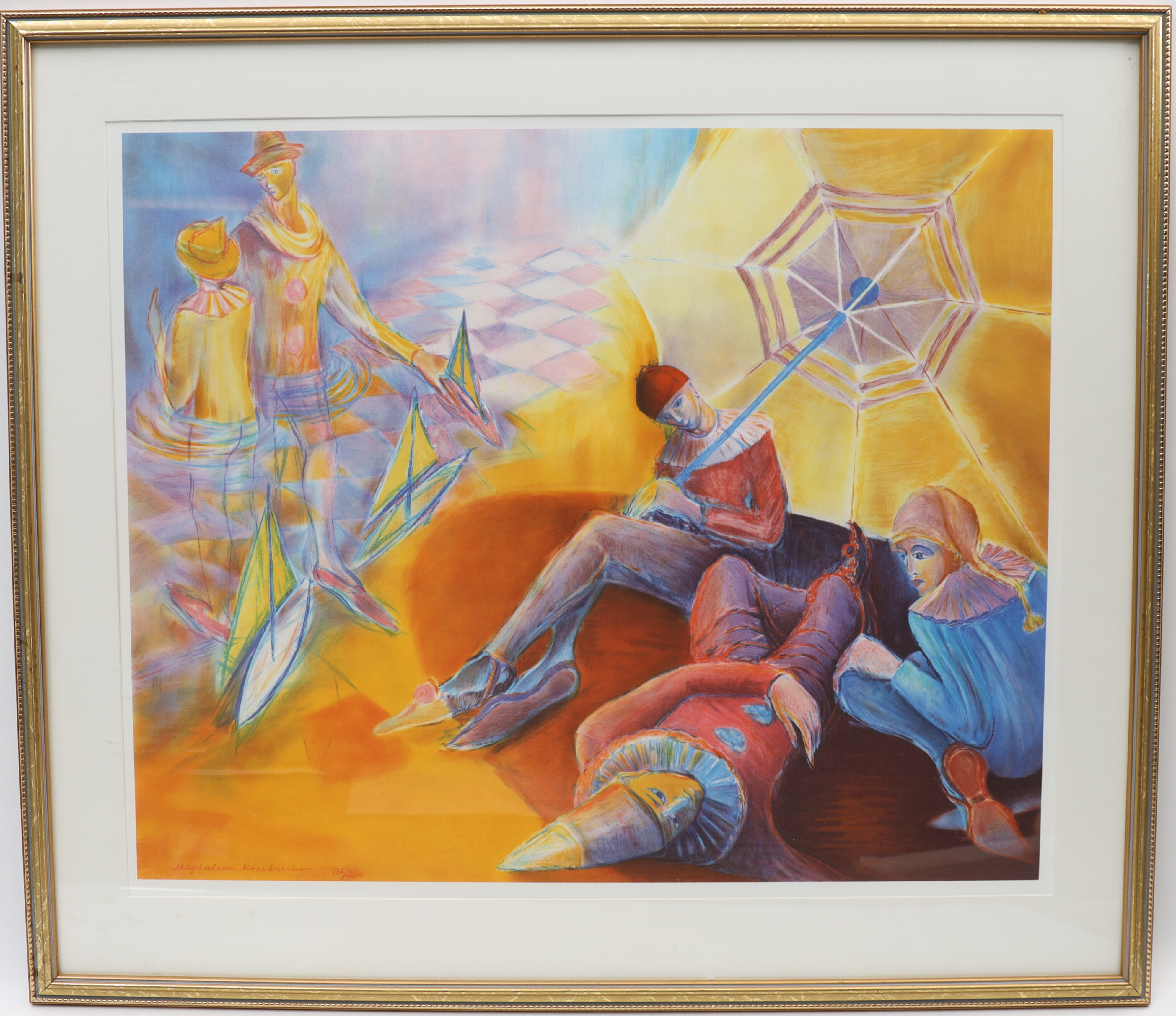 MAGDALENA KOSSAKOWSKA. Motiv med clowner, färglitografi, signerad och numrerad.