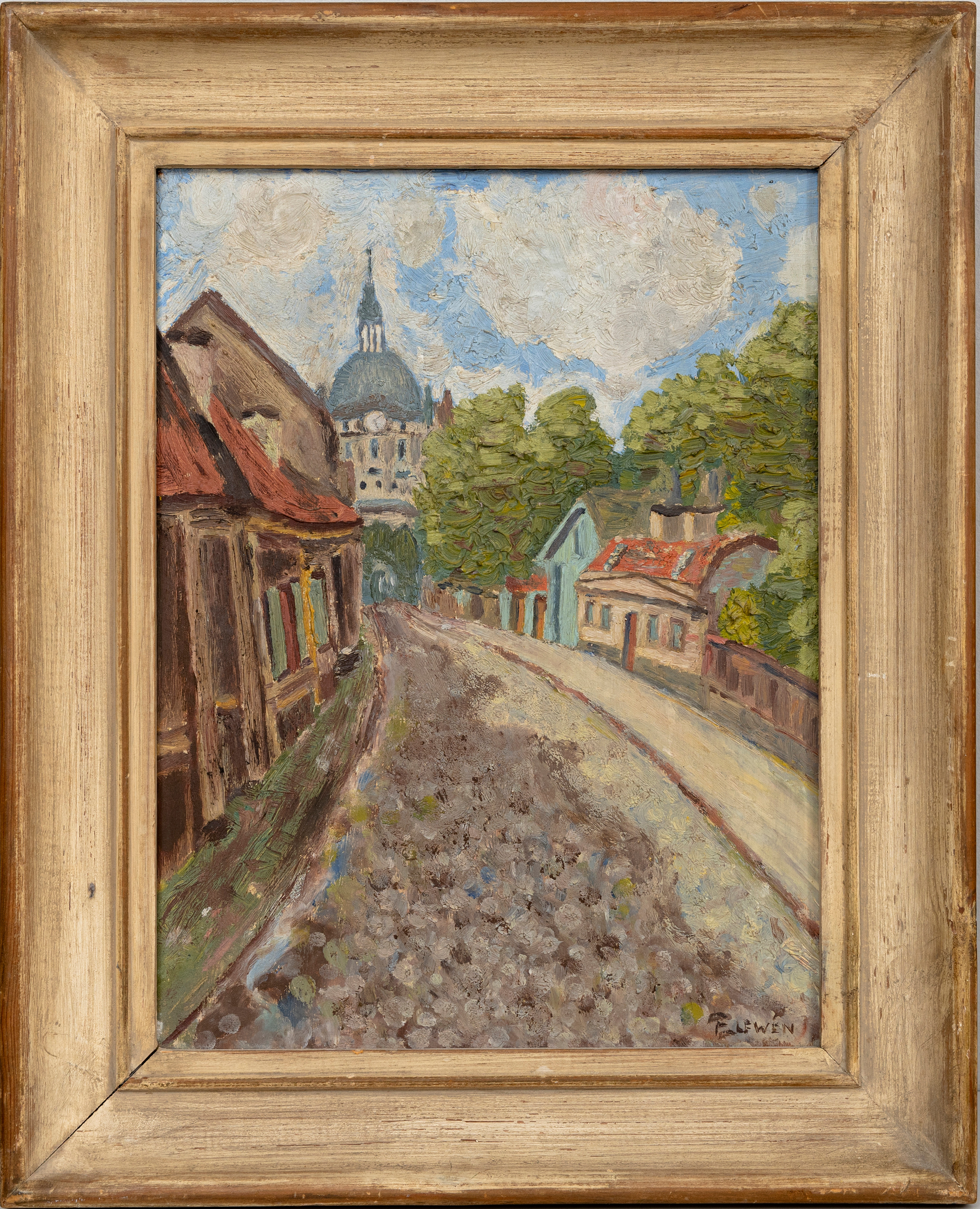 OIDENTIFIERAD KONSTNÄR. Gatumotiv med kyrka, olja på pannå, bär signatur, Elfwen.