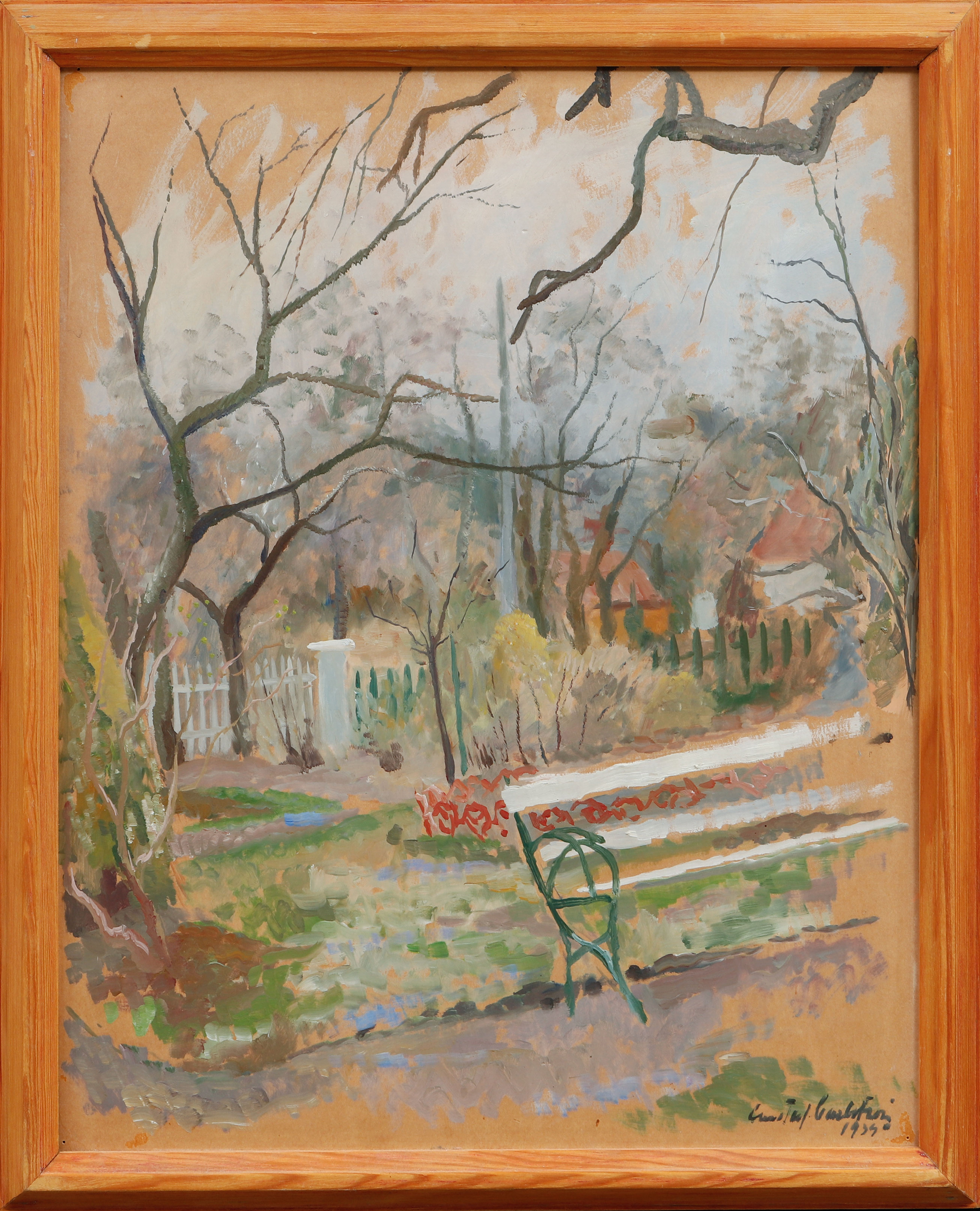 GUSTAF CARLSTRÖM. Trädgårdsbild, olja på pannå, signerad och daterad 1934.