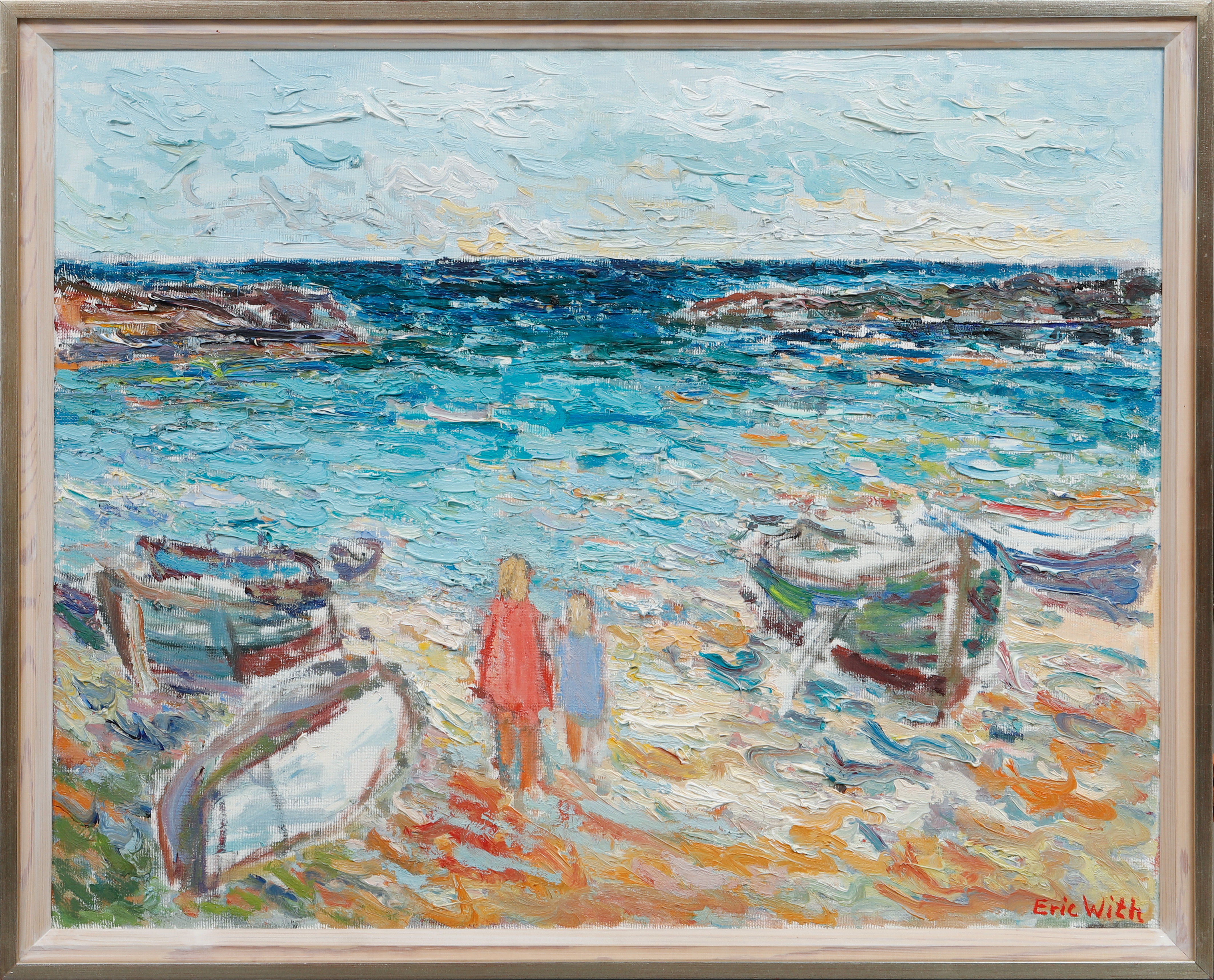 ERIC WITH. Kustbild med figurer och ekor, olja på duk, signerad.