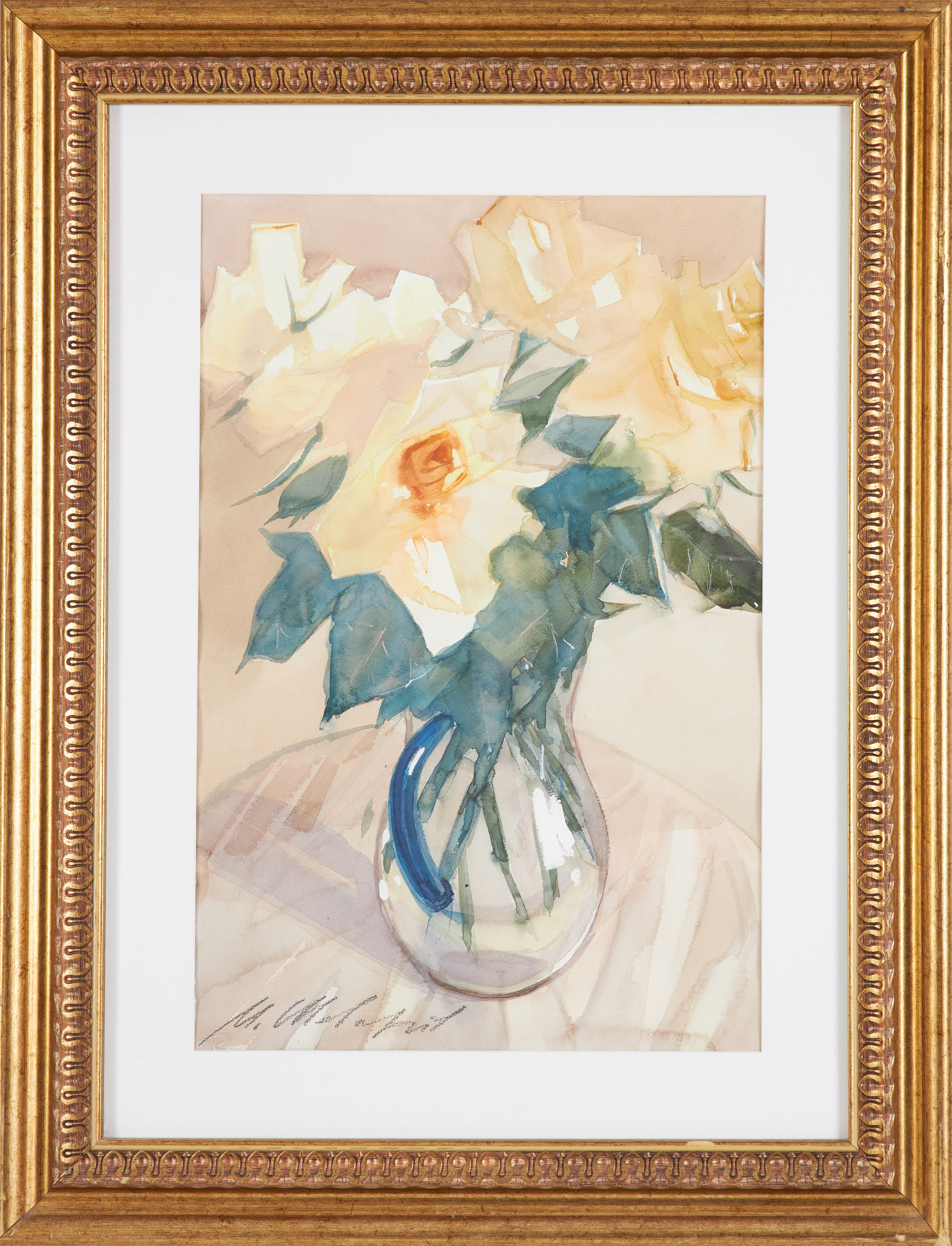 MICHAIL SJEVARJOV. stilleben, gulvita rosor, akvarell, signerad.