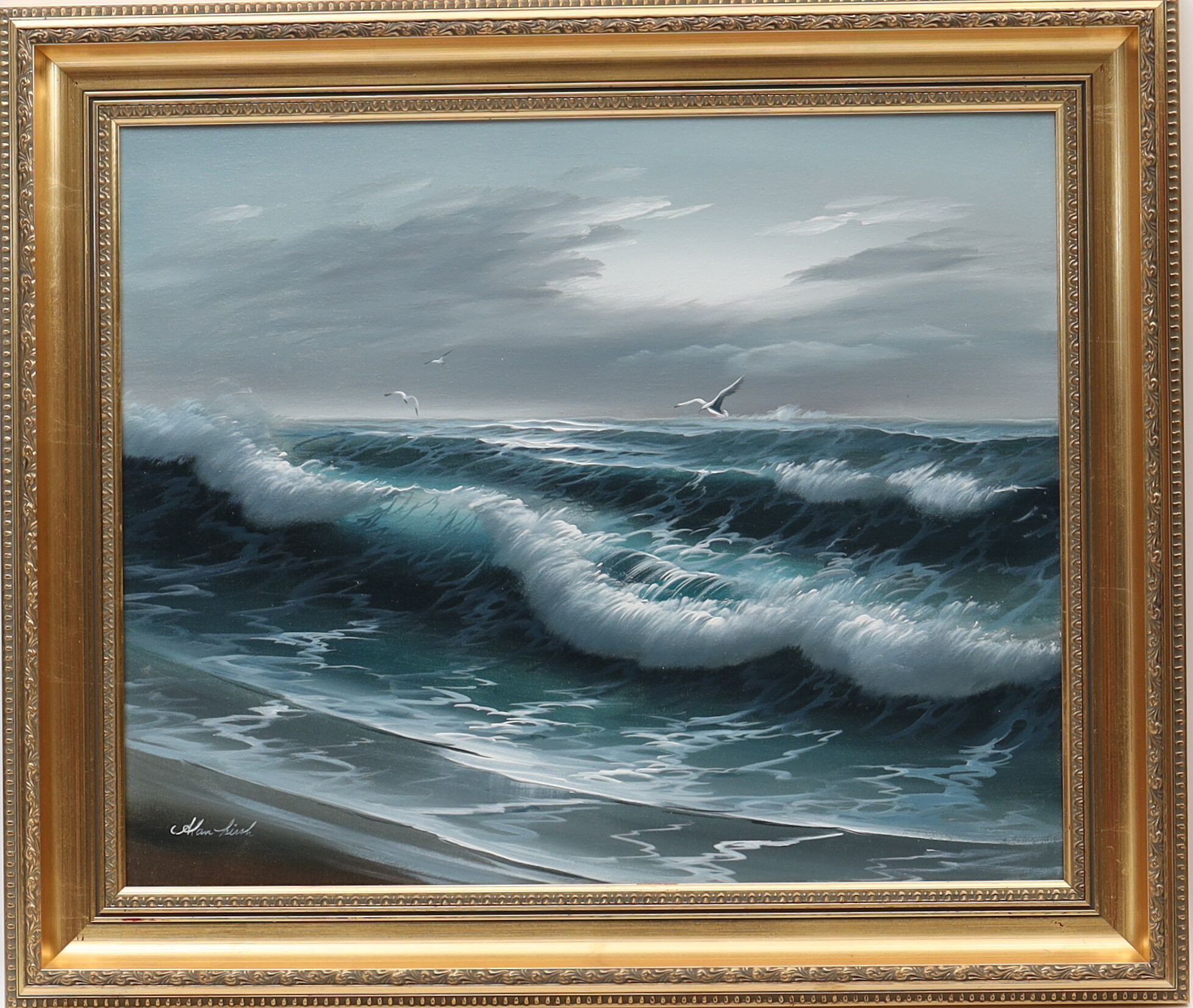 ALAN KIRSCH. Havsbild med fåglar, oljemålning på duk, signerad.