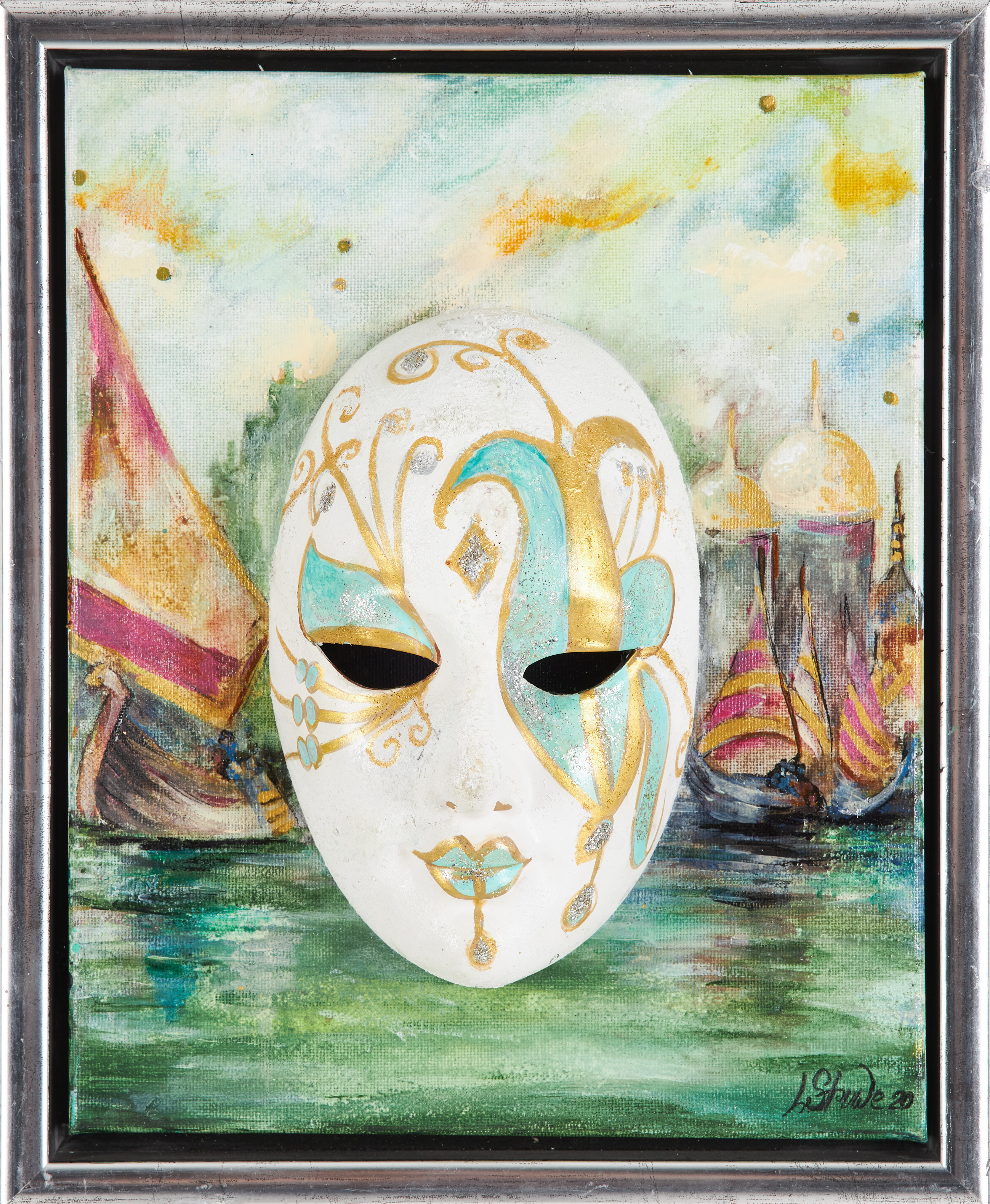 LENA STRUWE. Skulptur, mask samt olja på duk, Venedig-inspirerad, signerad L. Struwe, daterad 2020.