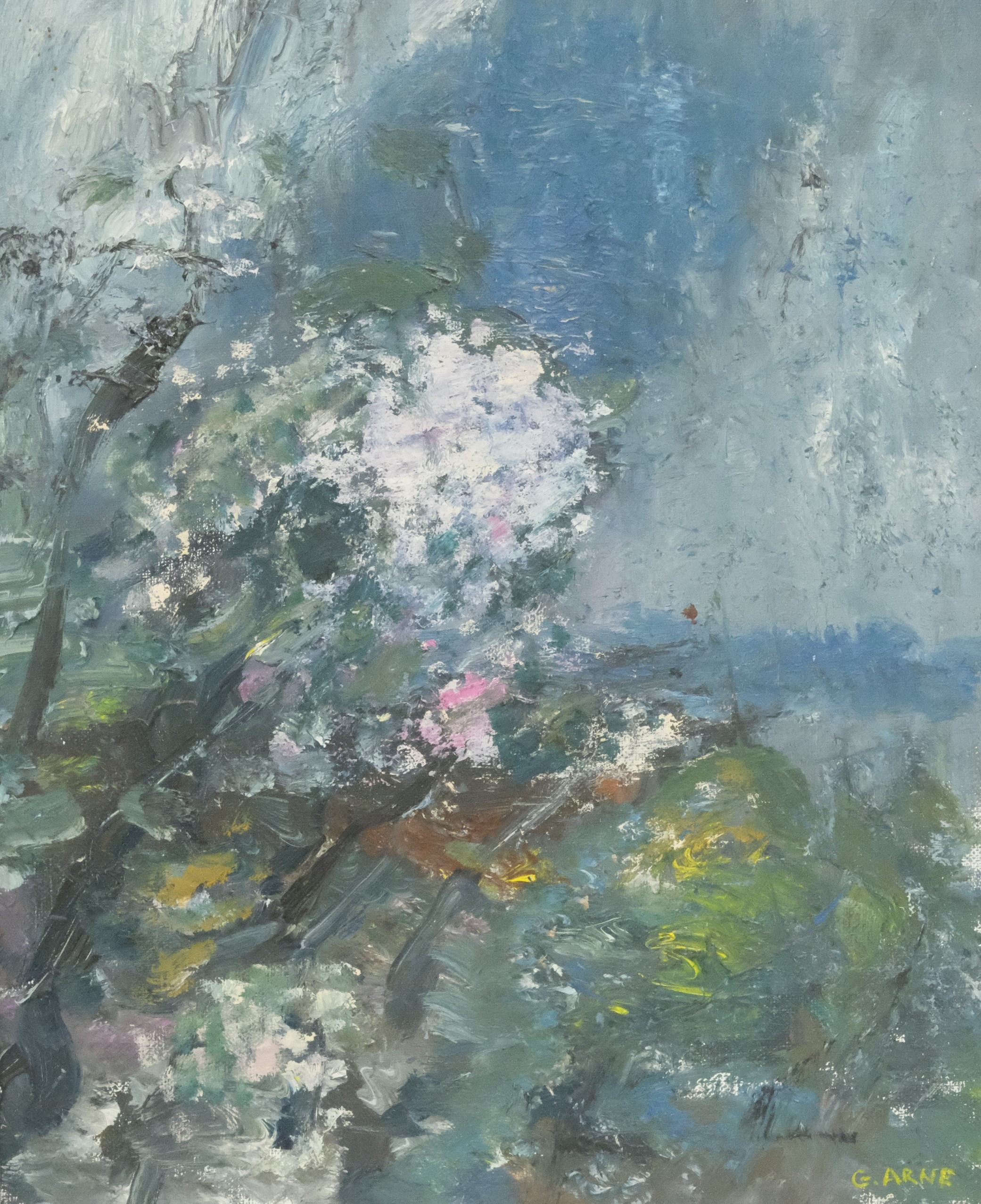 GUSTAV ARNE. "VIKEN, BLOMMANDE TRÄD", OLJA PÅ PANNÅ, 1986.