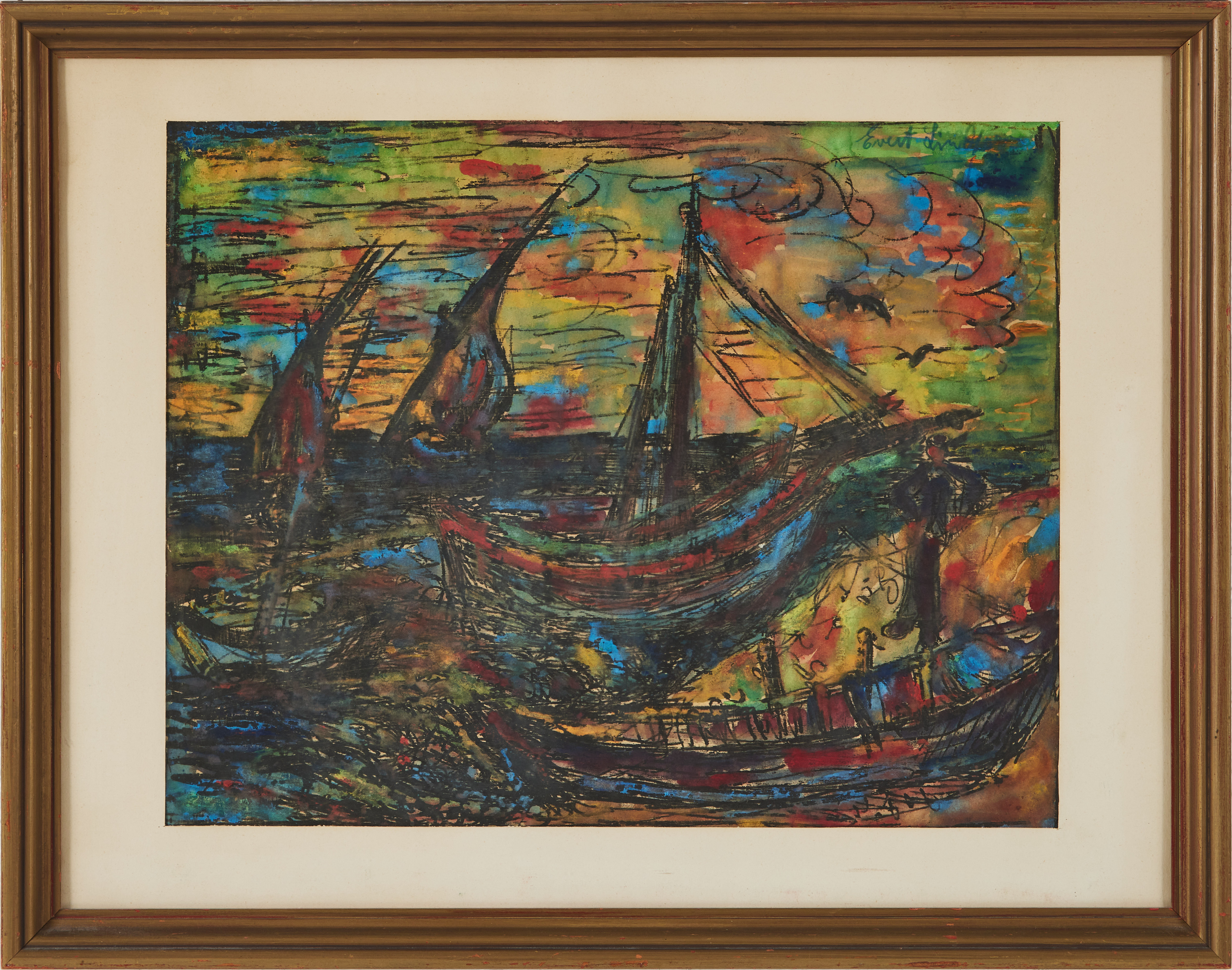 EVERT LINDFORS (1927-2016). Komposition med båtar, goauche på papper, signerad.