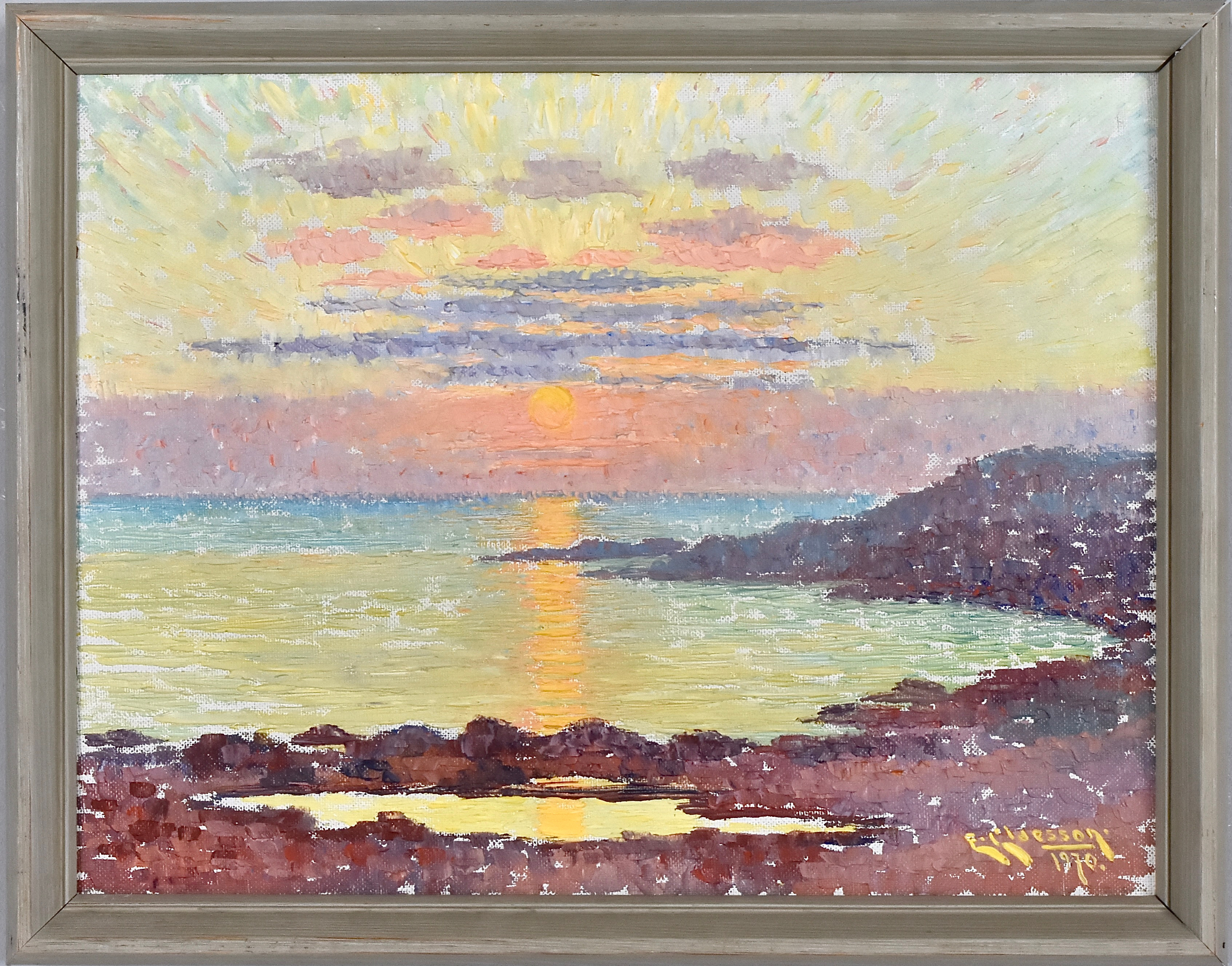 EJNAR CLAESSON. oljemålning på duk, kustparti i skymning.