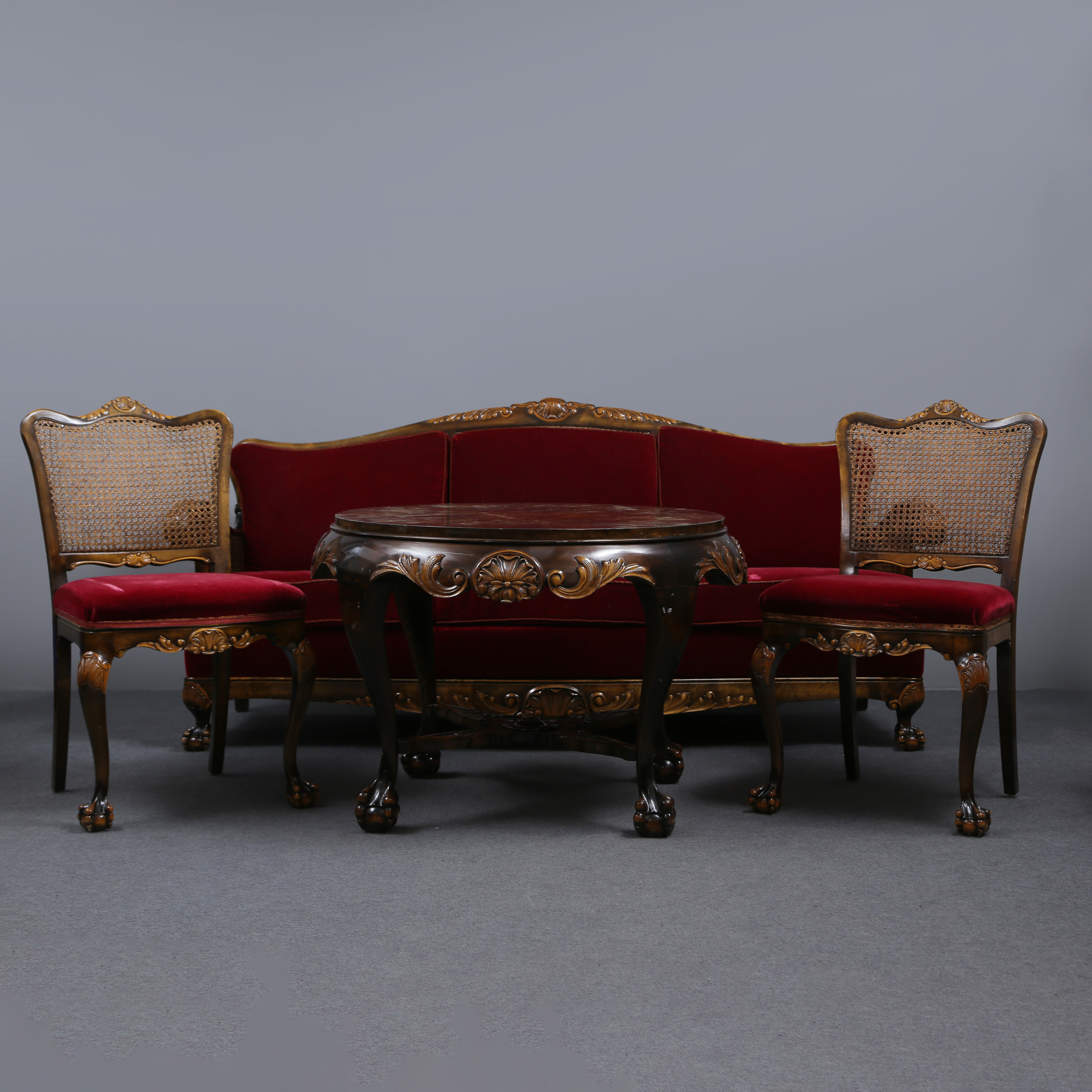 SALONGSGRUPP, CHIPPENDALESTIL, RÖD PLYSCH, BONAD BJÖRK, 1930/1940-TAL.