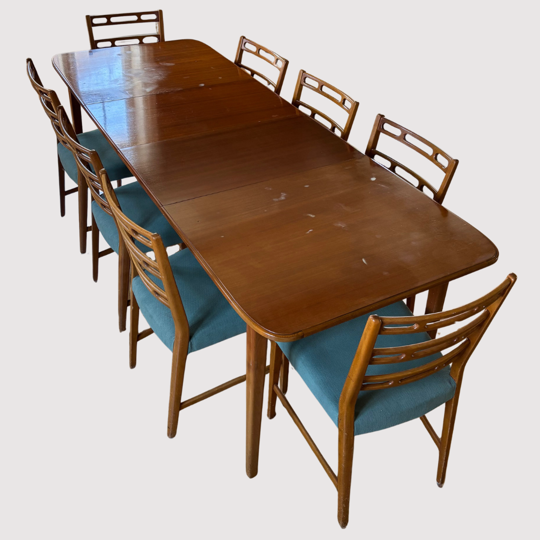 DAVID ROSÉN. Matsalsmöblemang, 8 stolar "Futura", Nordiska Kompaniet, bord okänd tillverkare, 1900-talets mitt.