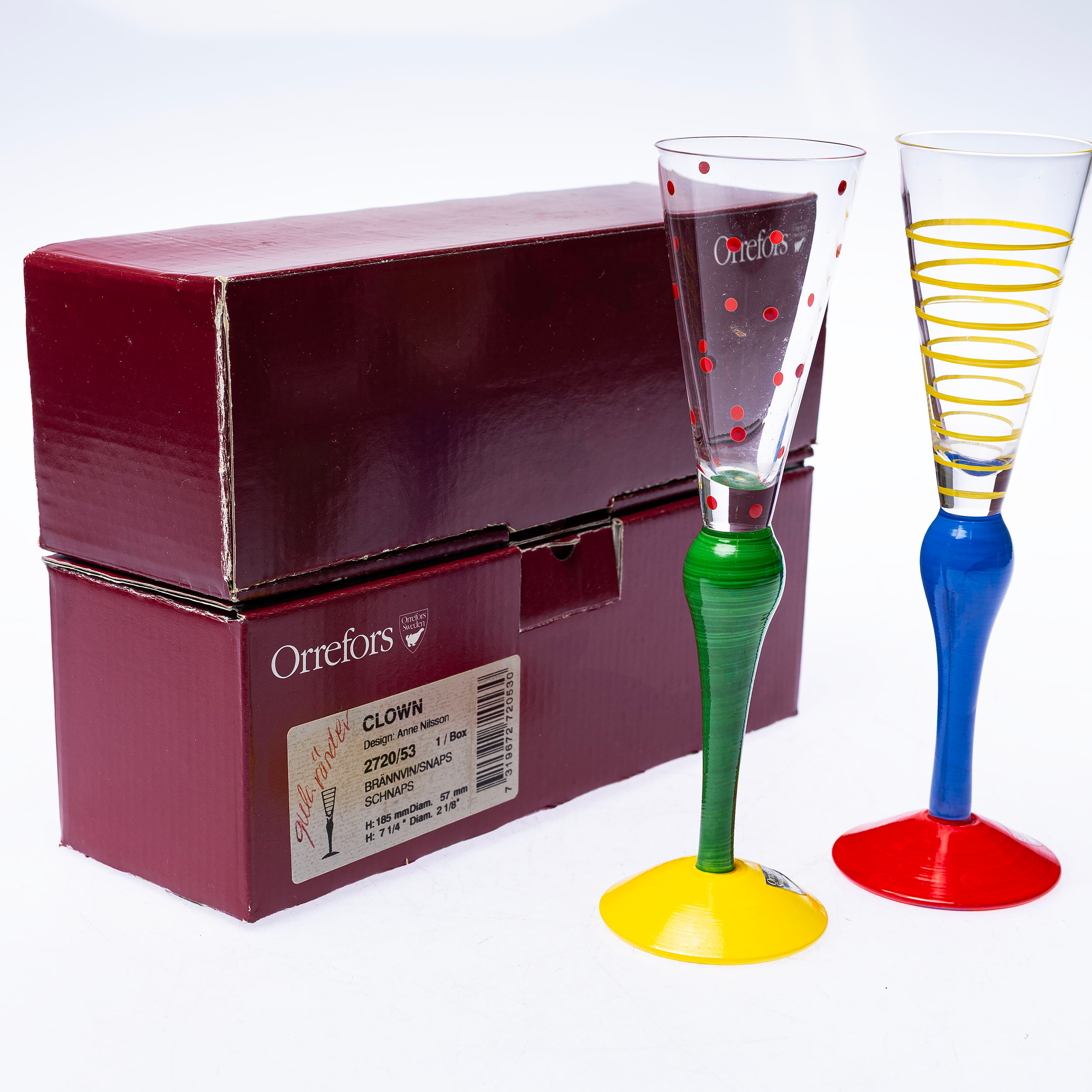 ANNE NILSSON. Snapsglas, ett par, "Clown", Orrefors.