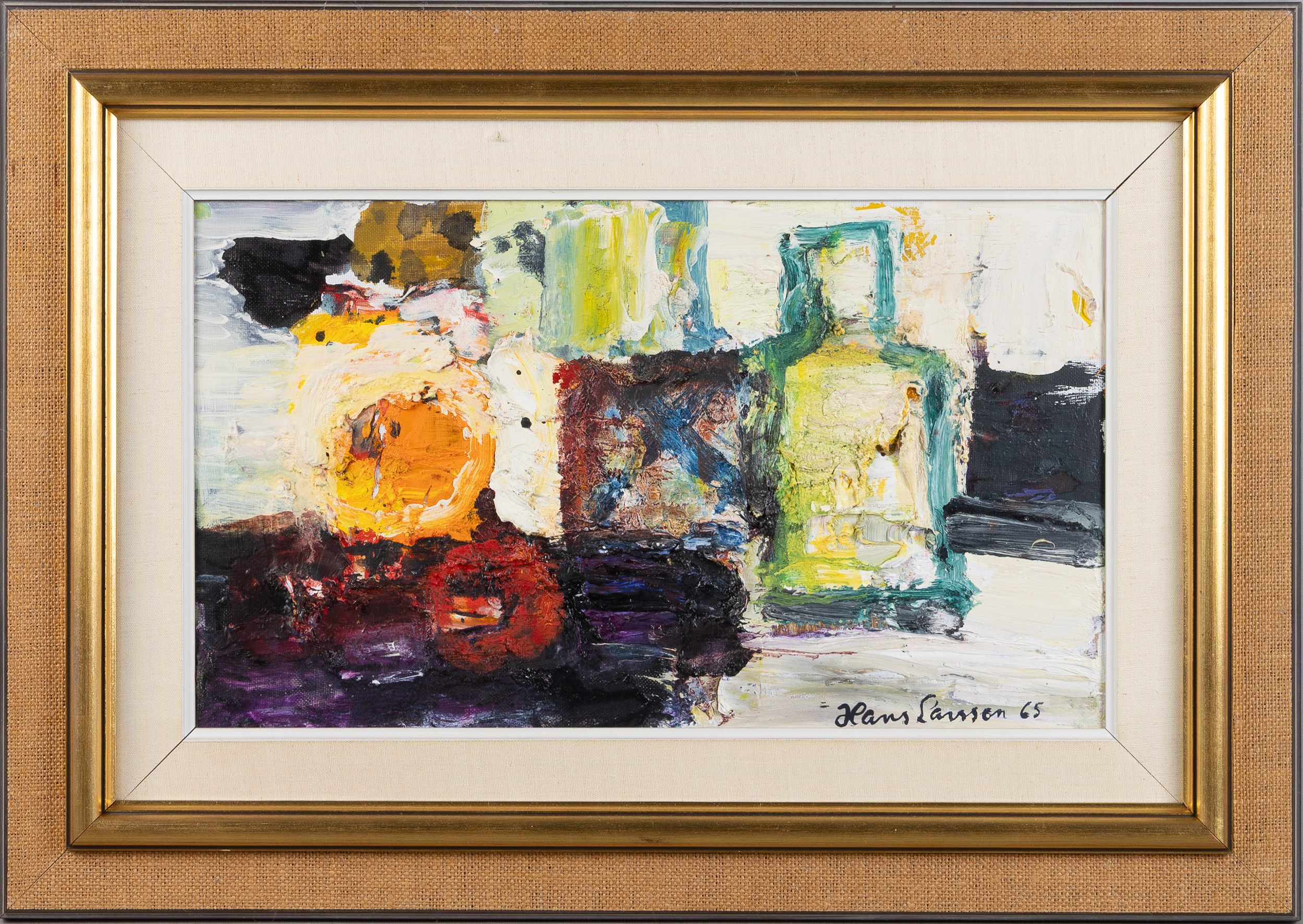 HANS LARSSON. Olja på duk, stilleben med frukter och vas.