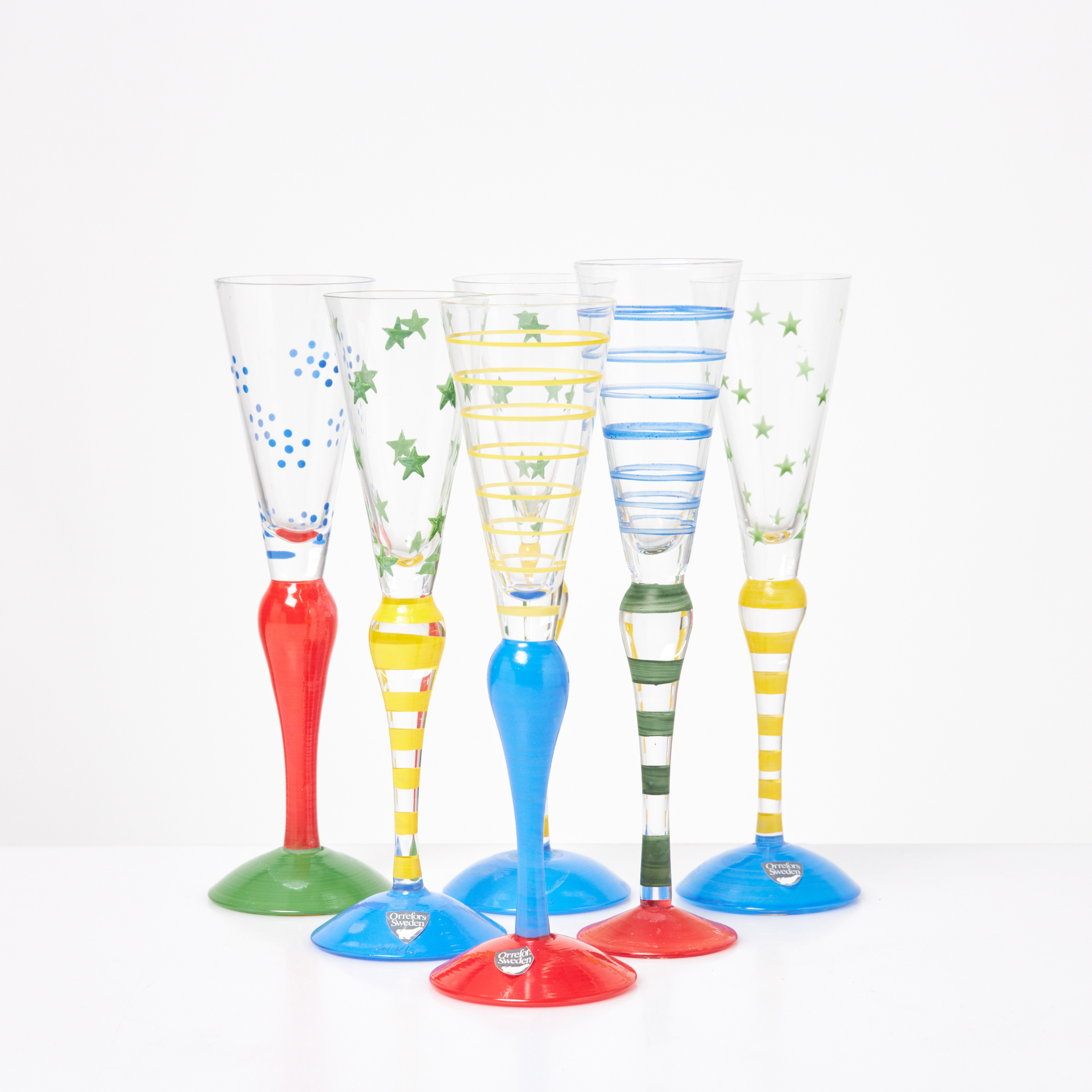 ANNE NILSSON. snapsglas, s.k. clownglas, 6 st, Orrefors, signerade.