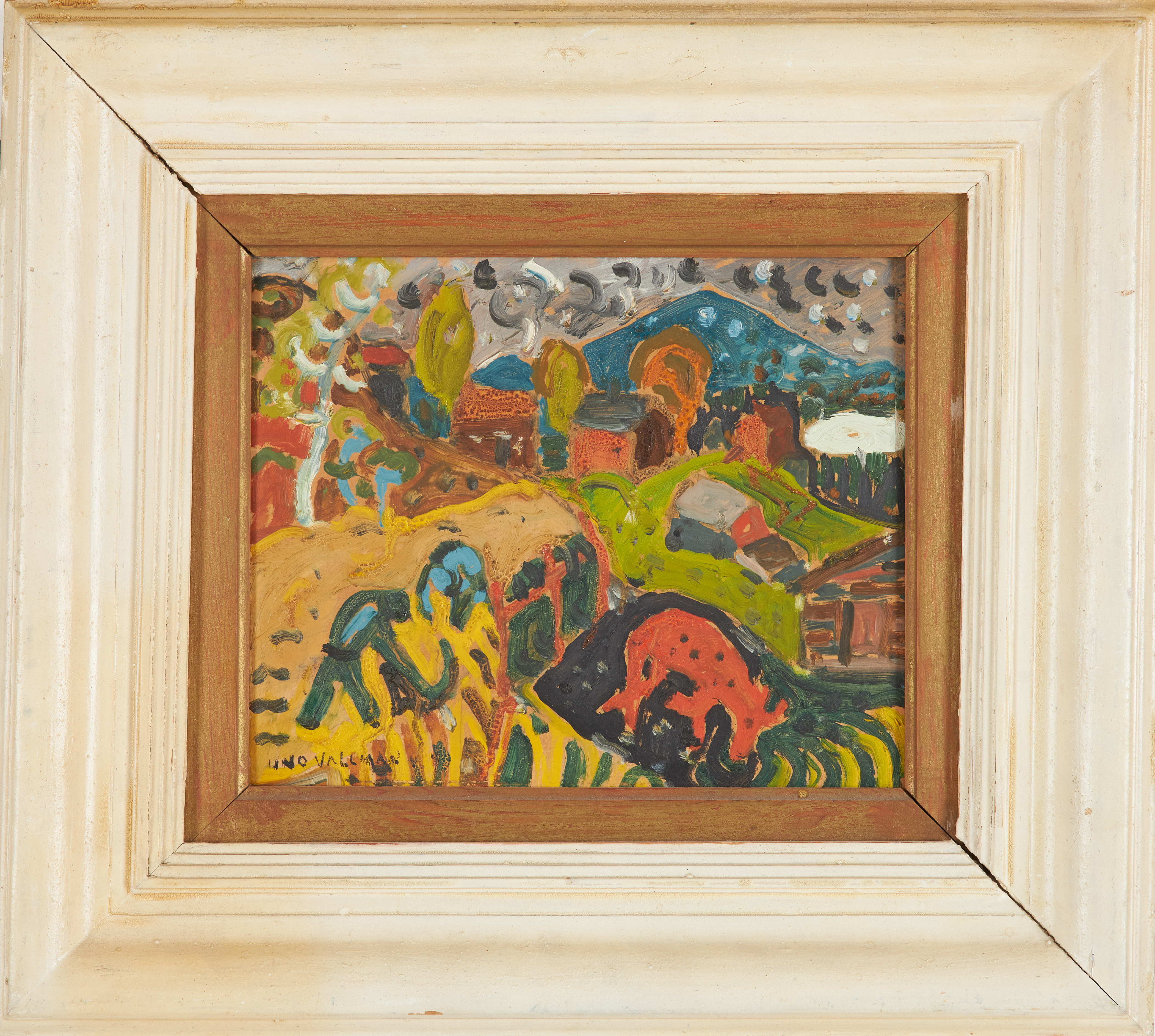 UNO VALLMAN. landskap med betande djur och stugor, olja på pannå, signerad.