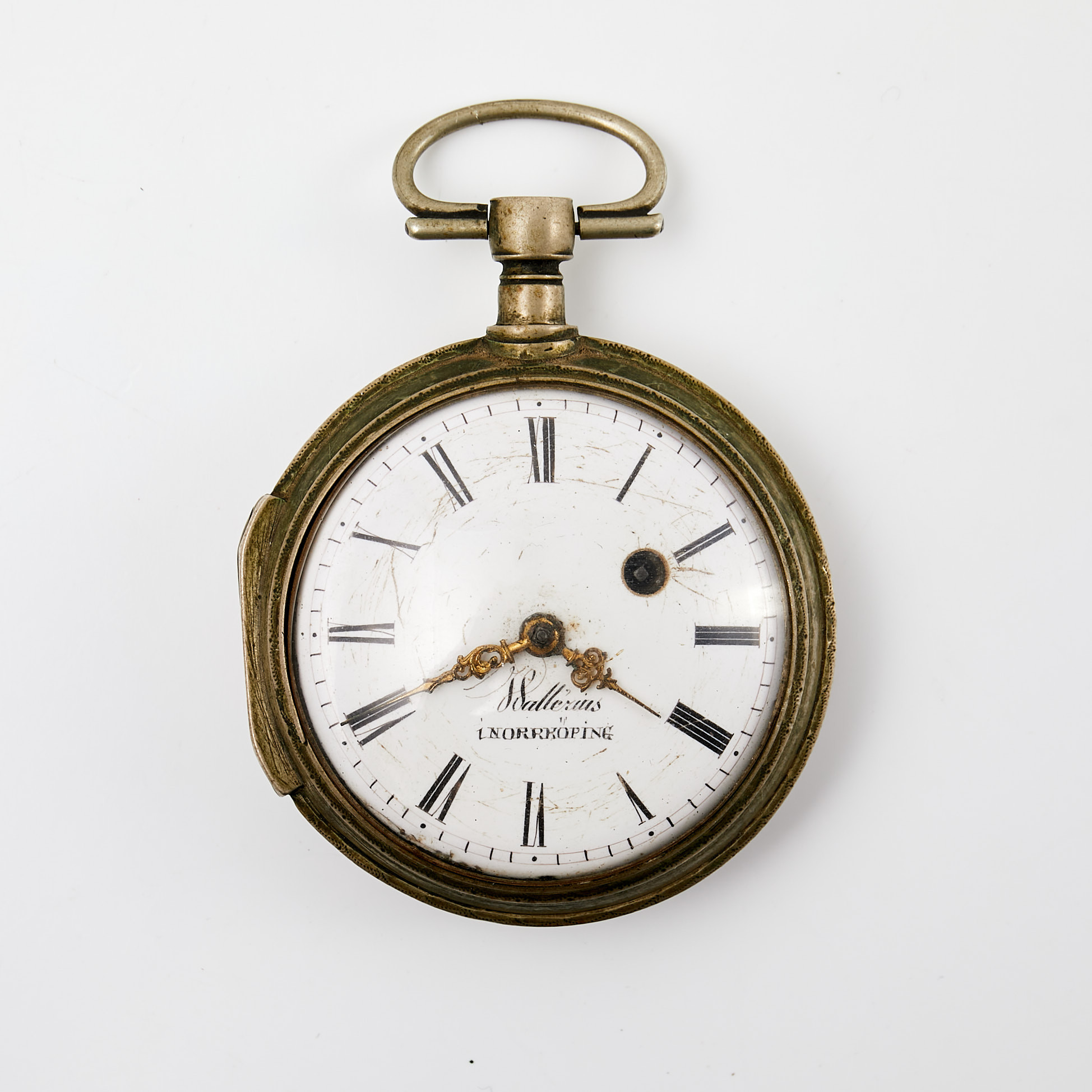 SALLERIUS. fickur, 17/1800-tal, spindelur, Norrköping, emaljerad urtavla, boet i zink.